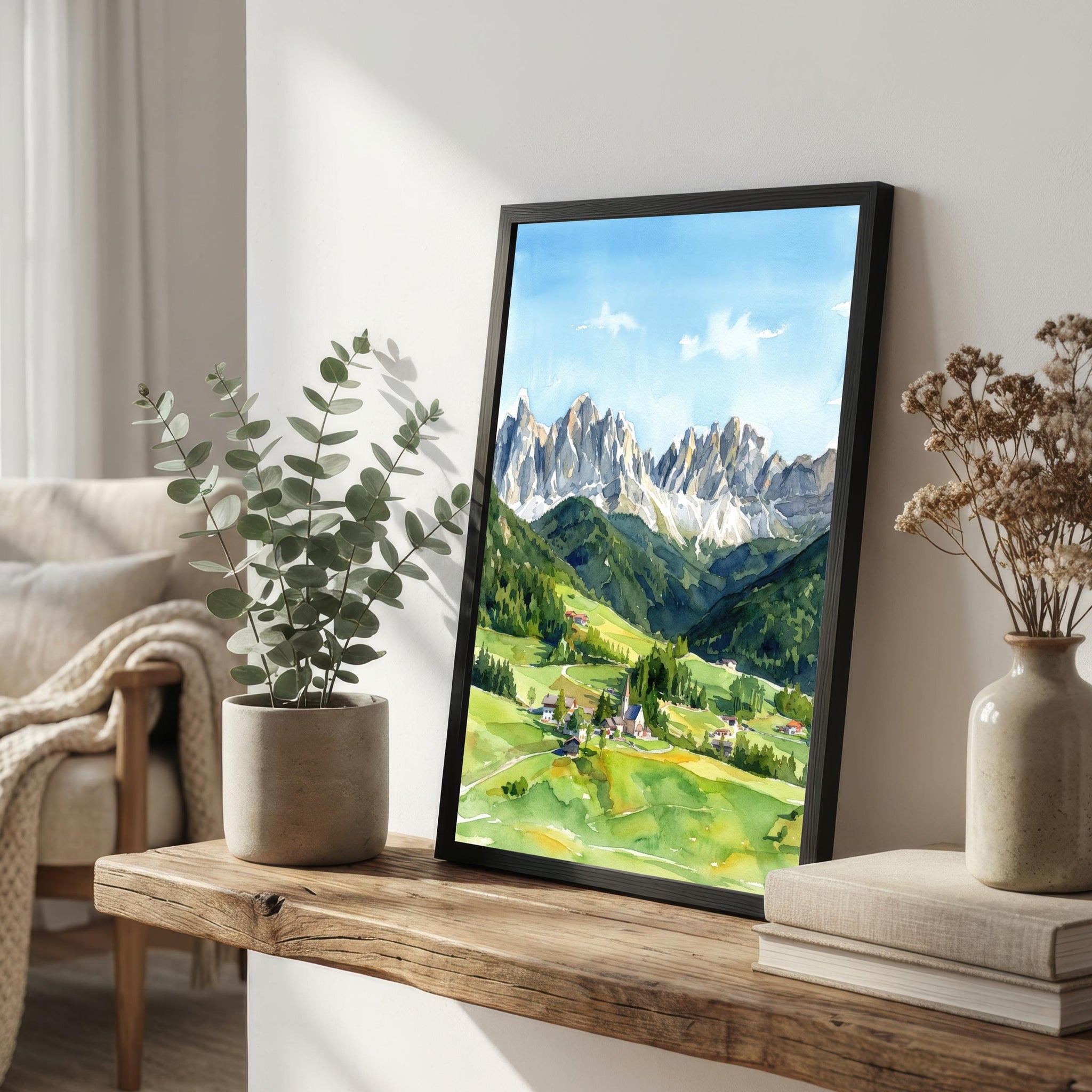 Dolomites Watercolor Painting Poster Italy Wall Art Mountain Landscape Print Gift for Europe Travel Lovers and Fans of Scenic Italian Alpine