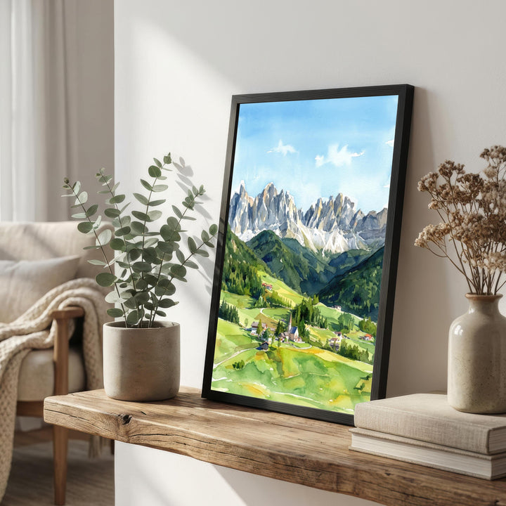 Dolomites Italy Watercolor Art Print, Mountain Landscape Poster