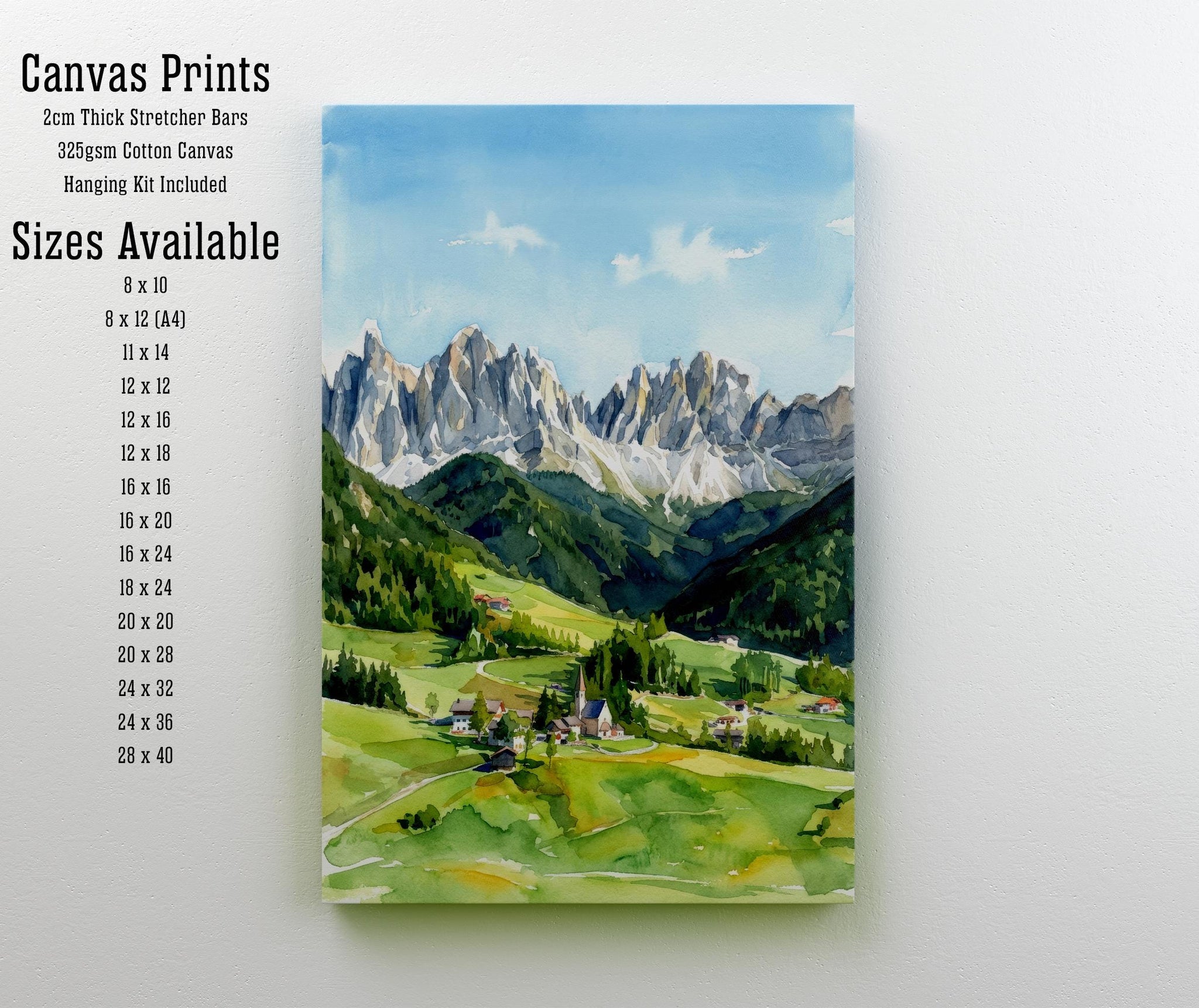 Dolomites Watercolor Painting Poster Italy Wall Art Mountain Landscape Print Gift for Europe Travel Lovers and Fans of Scenic Italian Alpine