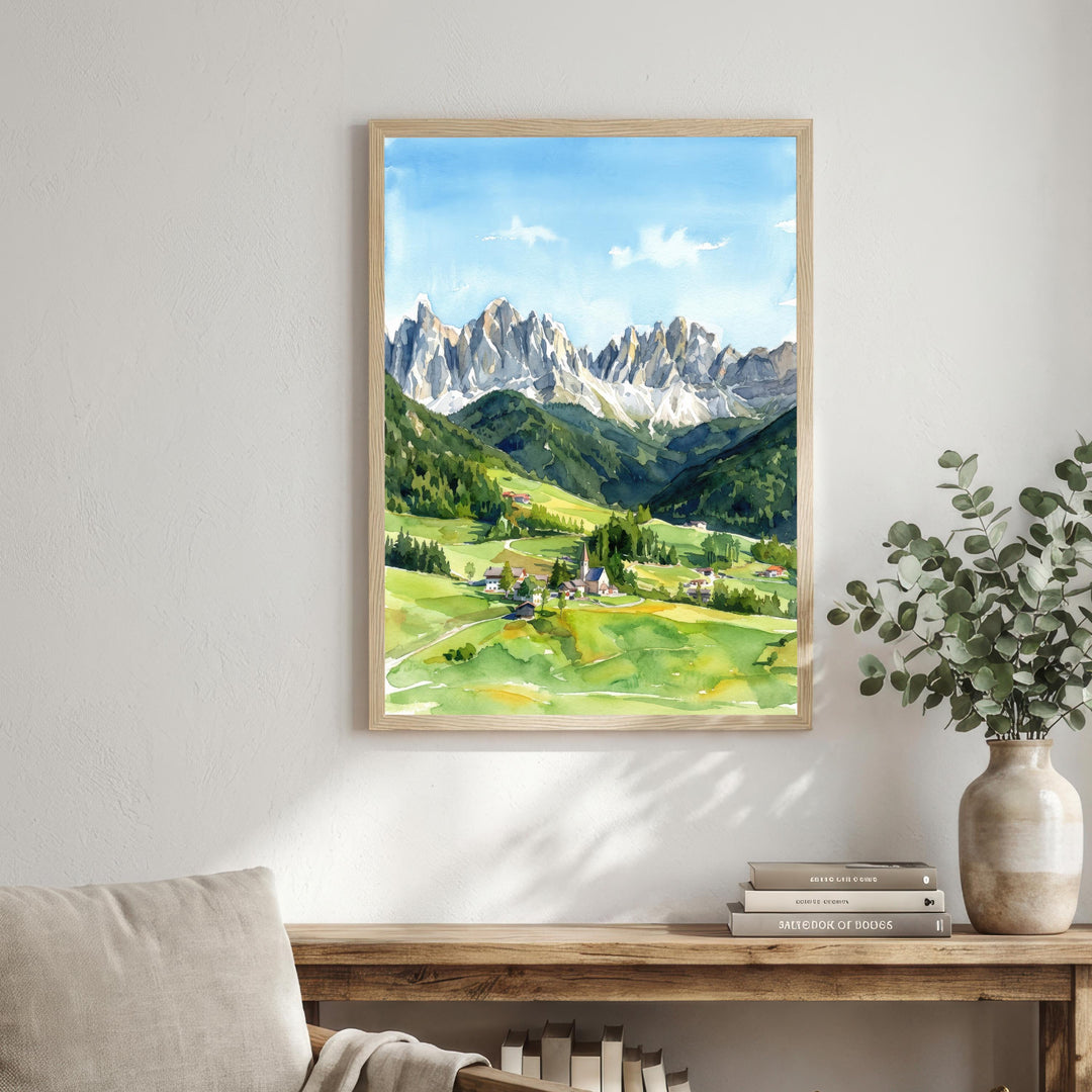 Dolomites Italy Watercolor Art Print, Mountain Landscape Poster