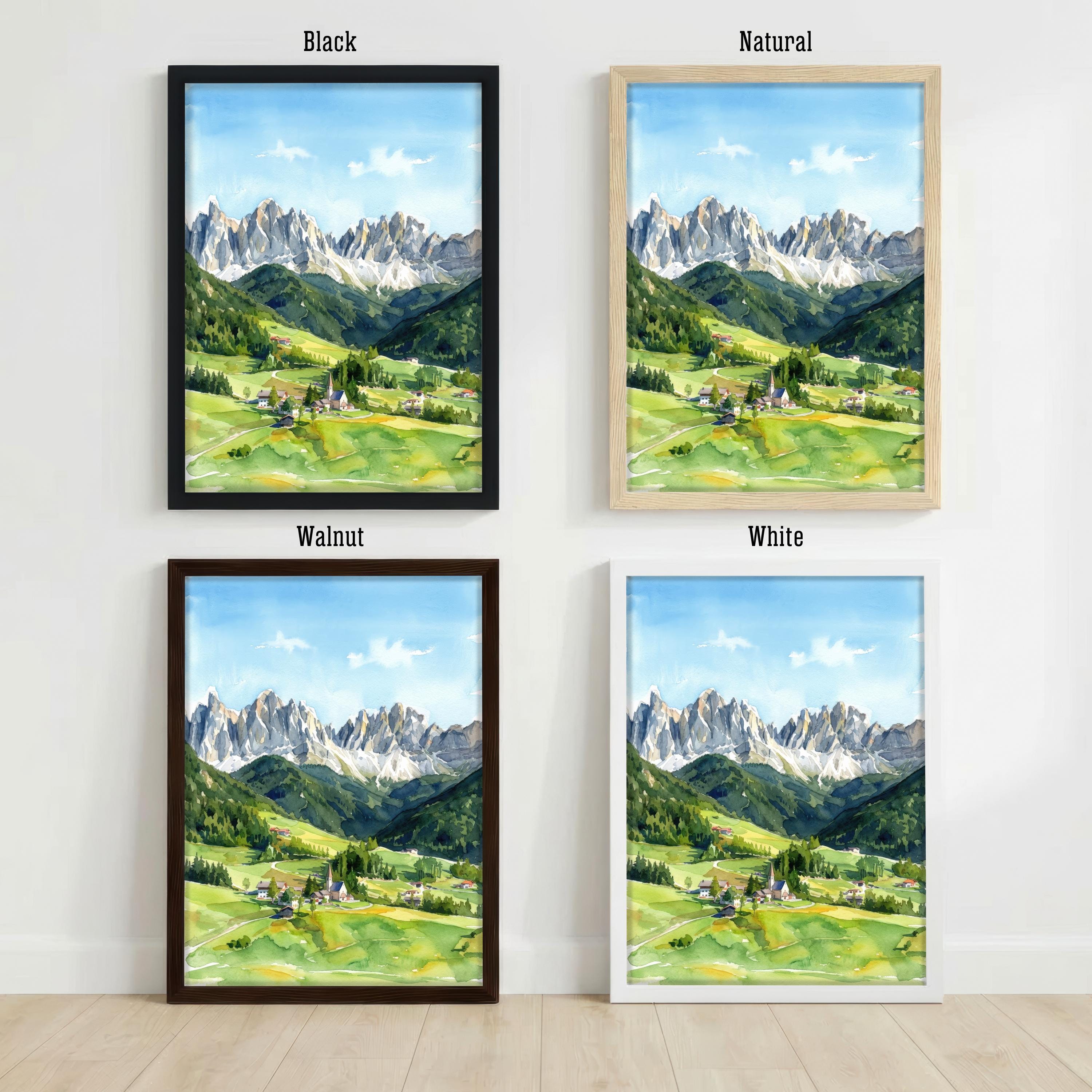 Dolomites Watercolor Painting Poster Italy Wall Art Mountain Landscape Print Gift for Europe Travel Lovers and Fans of Scenic Italian Alpine