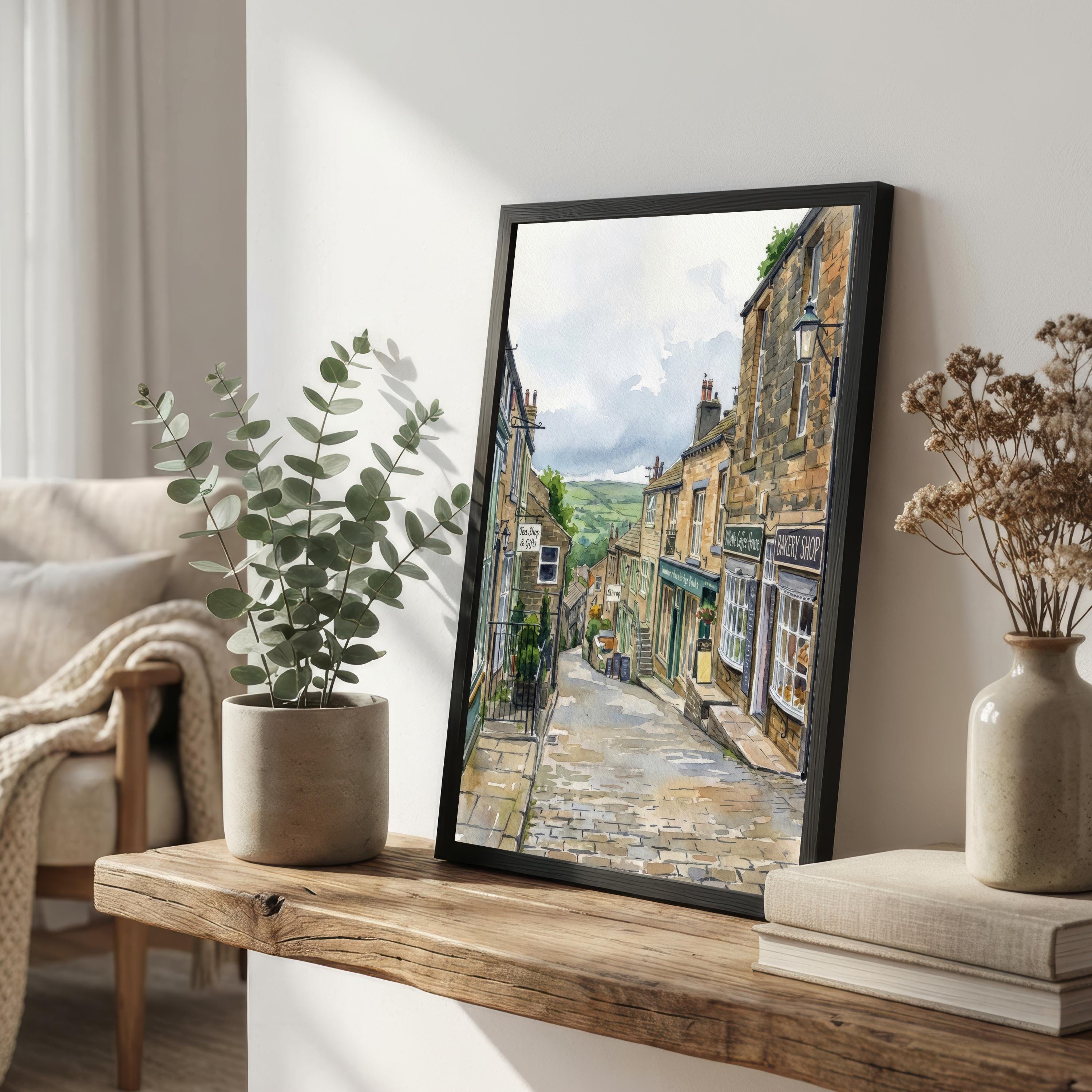 Haworth Village Watercolour Print, Scenic Yorkshire Wall Art
