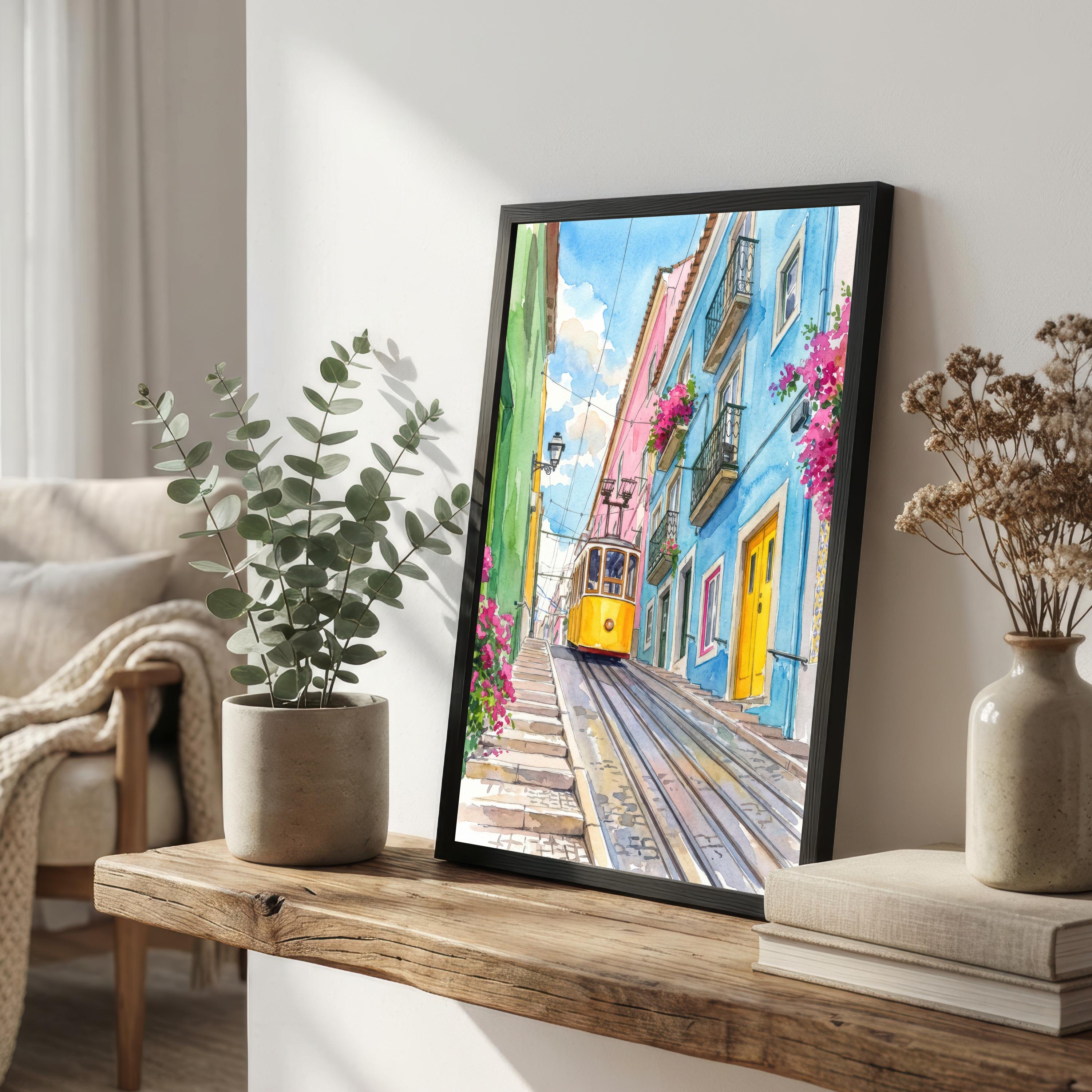 Lisbon Portugal Watercolor Art Print: Cityscape, Iconic Tram