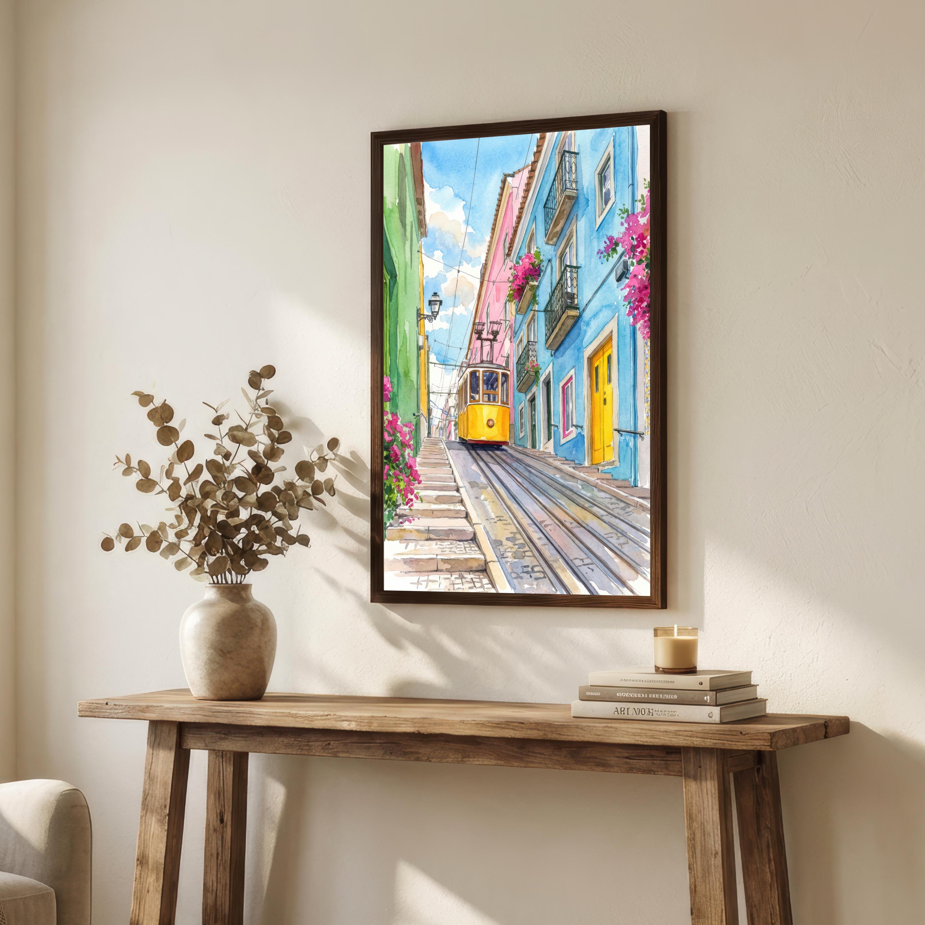 Lisbon Portugal Watercolor Art Print: Cityscape, Iconic Tram