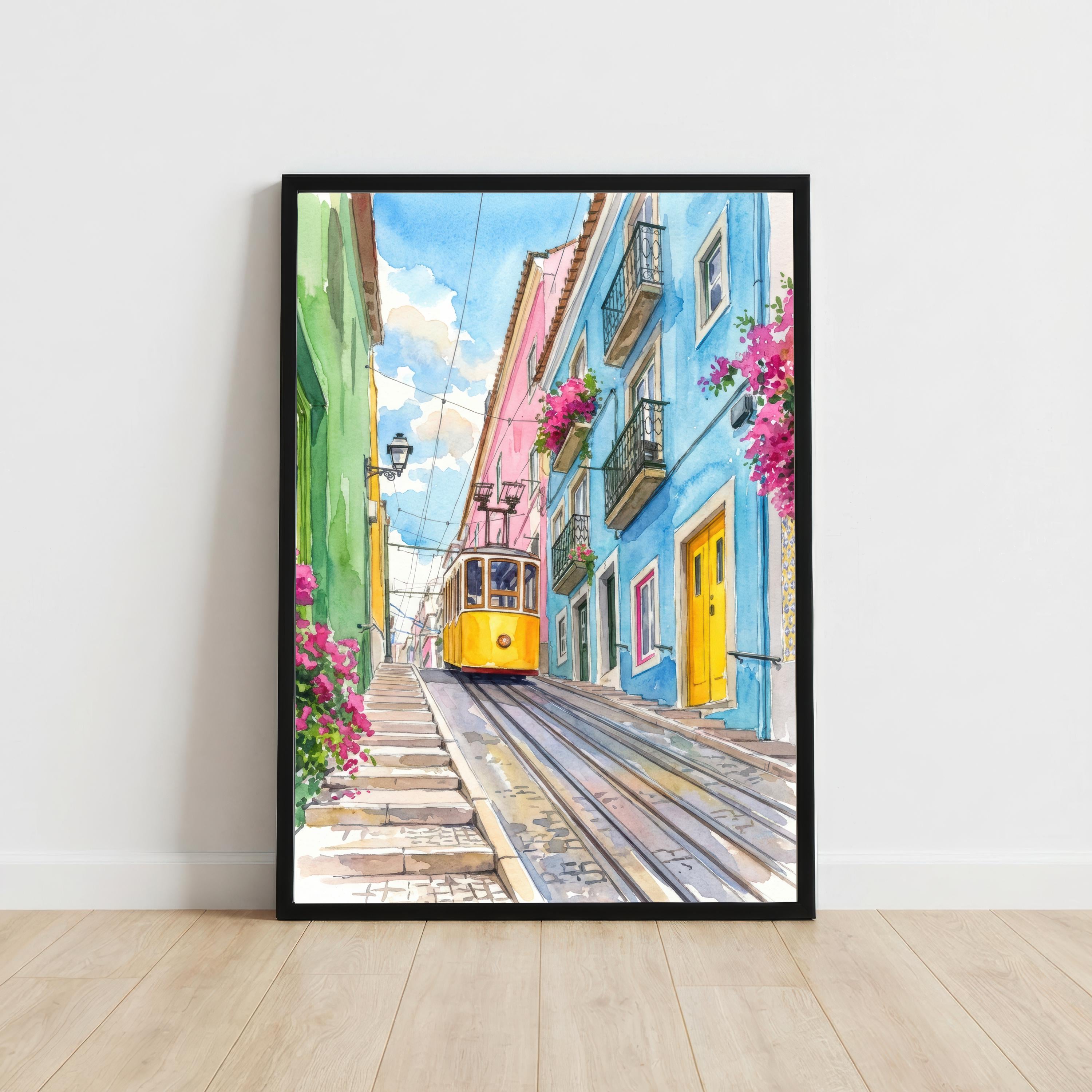 Lisbon Portugal Watercolor Art Print: Cityscape, Iconic Tram