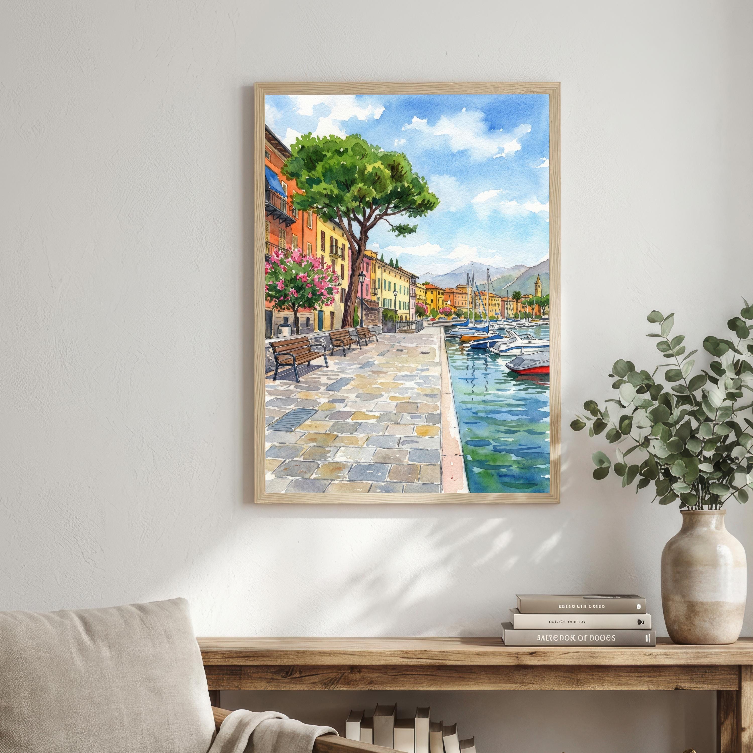 Lake Garda Watercolor Print, Italy Coastal Art
