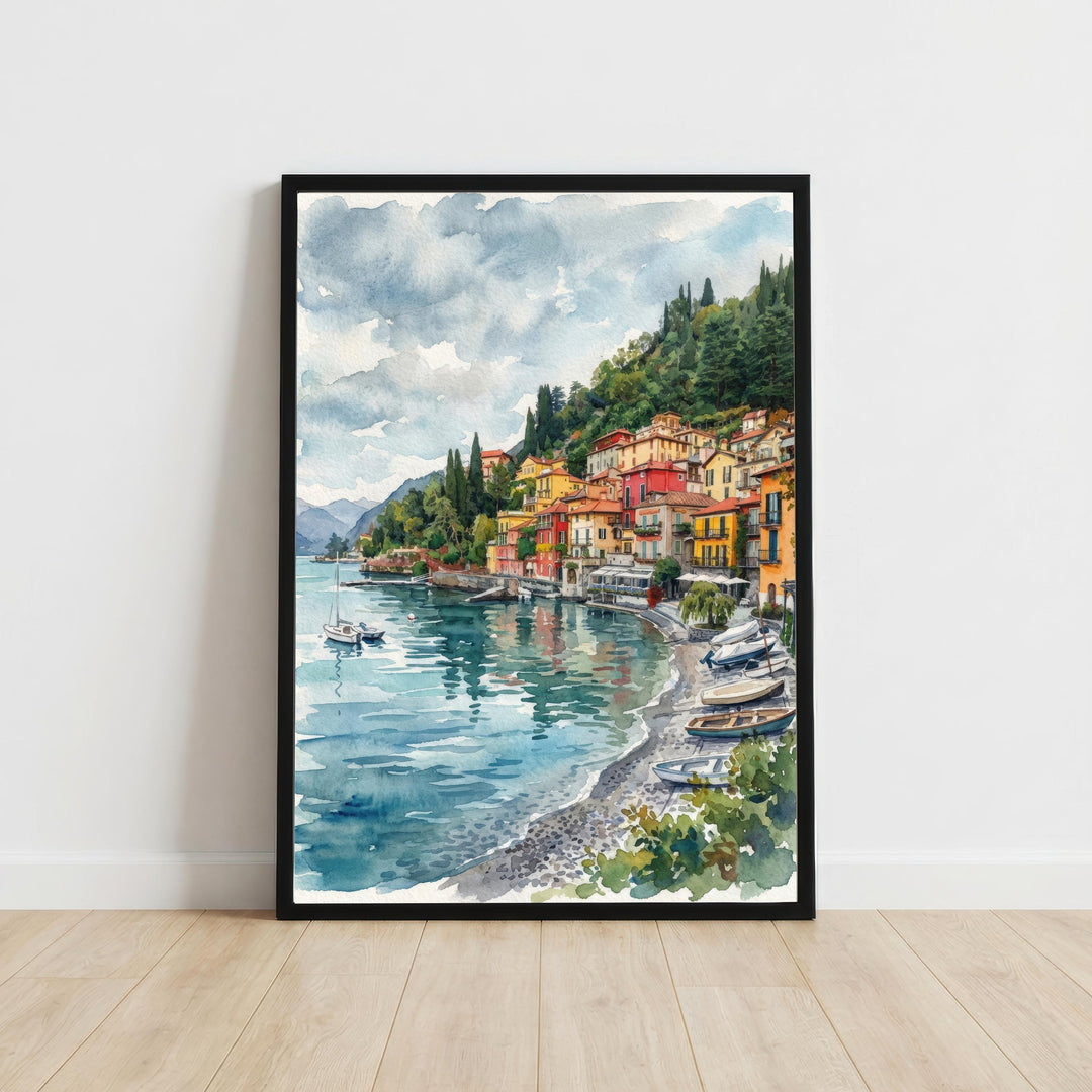 Lake Garda Watercolor Painting Poster Italy Wall Art Coastal Landscape Print Gift for Europe Travel Lovers and Fans of Scenic Italian