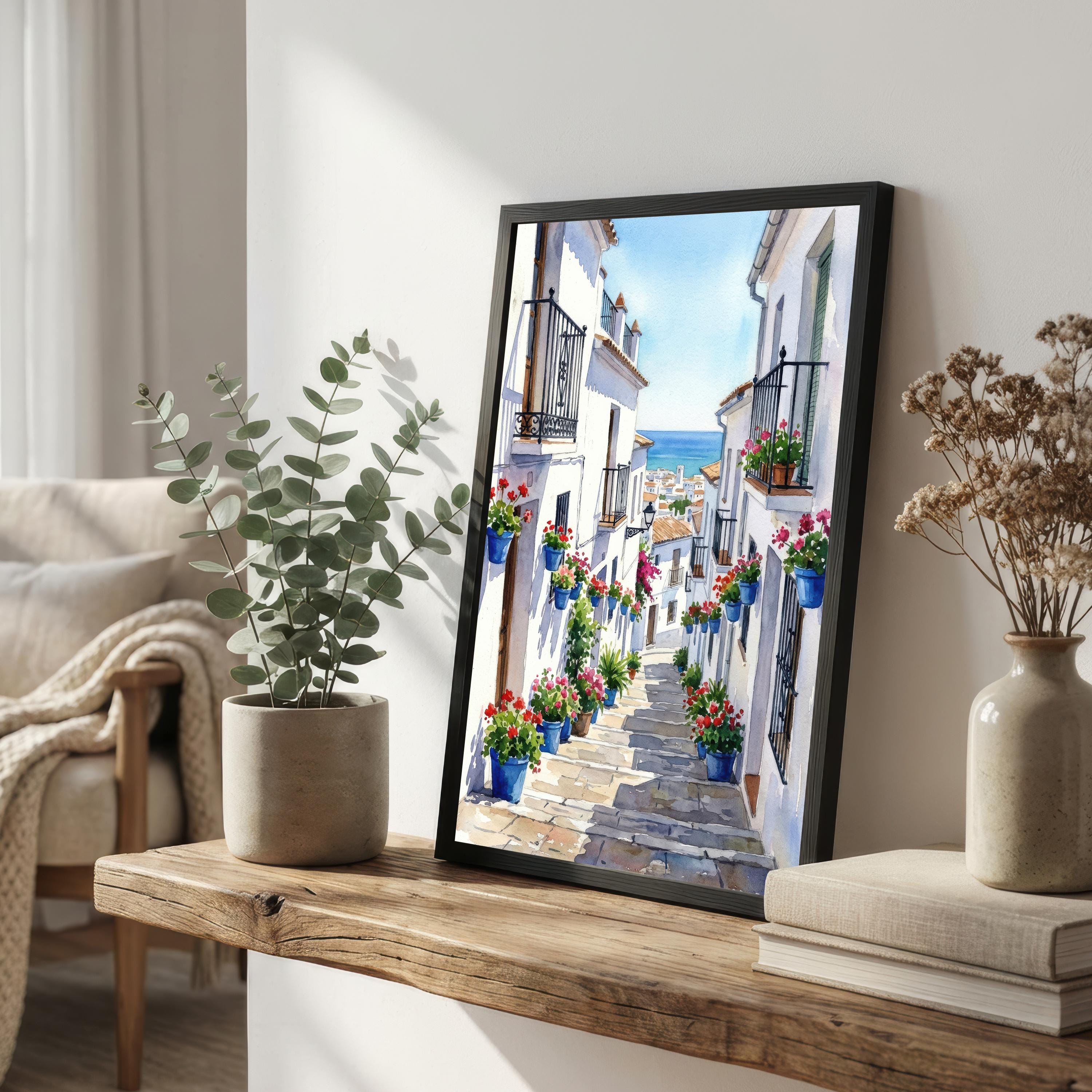 Mijas Watercolour Painting Poster Spain Wall Art Village Landscape Print Gift for Europe Travel Lovers and Fans of Scenic Andalusian