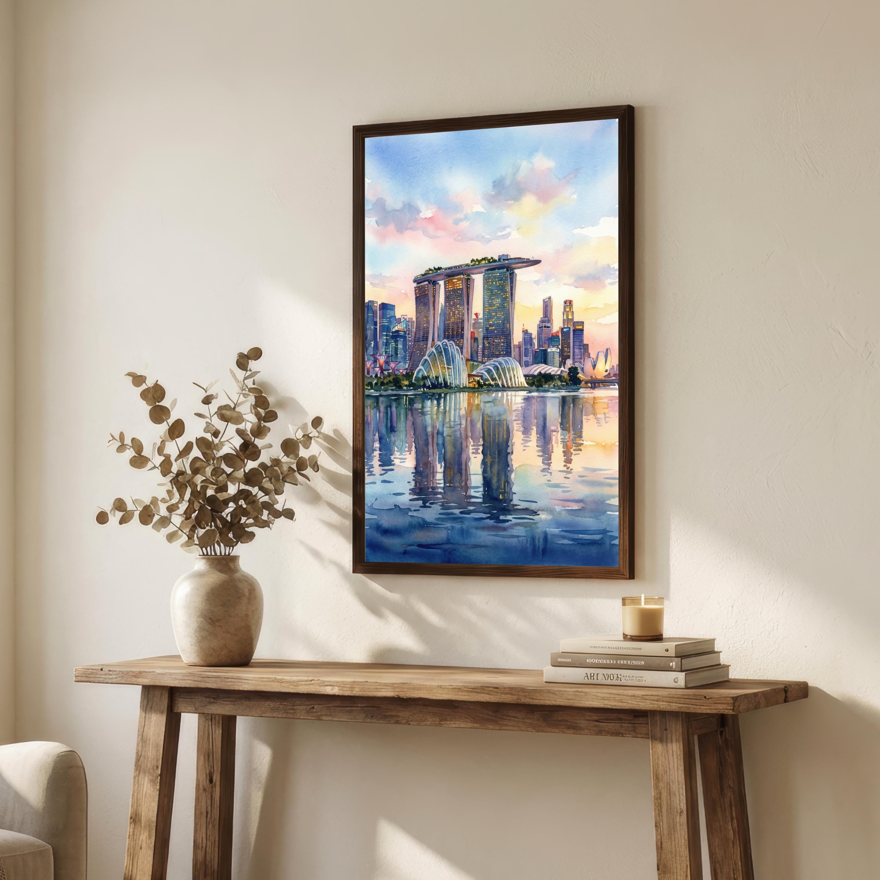 Singapore City Watercolor Painting Poster Wall Art Skyline Landscape Print Gift for Asia Travel Lovers and Fans of Scenic Modern