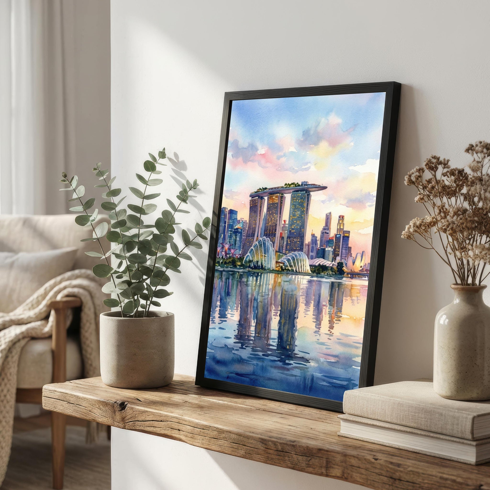 Singapore City Watercolor Painting Poster Wall Art Skyline Landscape Print Gift for Asia Travel Lovers and Fans of Scenic Modern