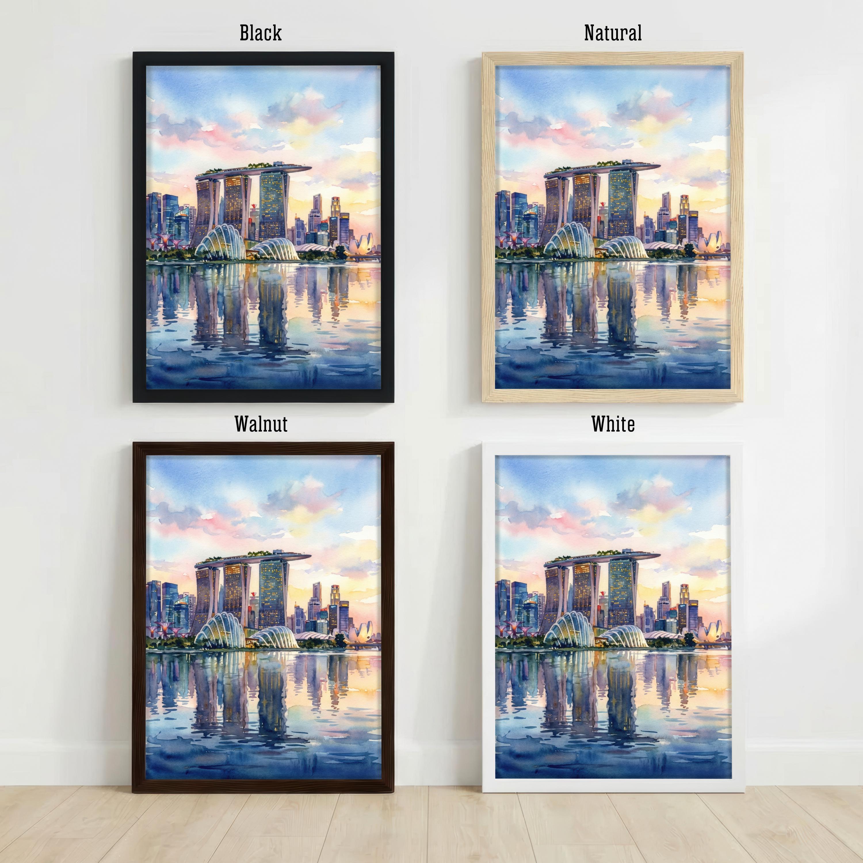 Singapore City Watercolor Painting Poster Wall Art Skyline Landscape Print Gift for Asia Travel Lovers and Fans of Scenic Modern