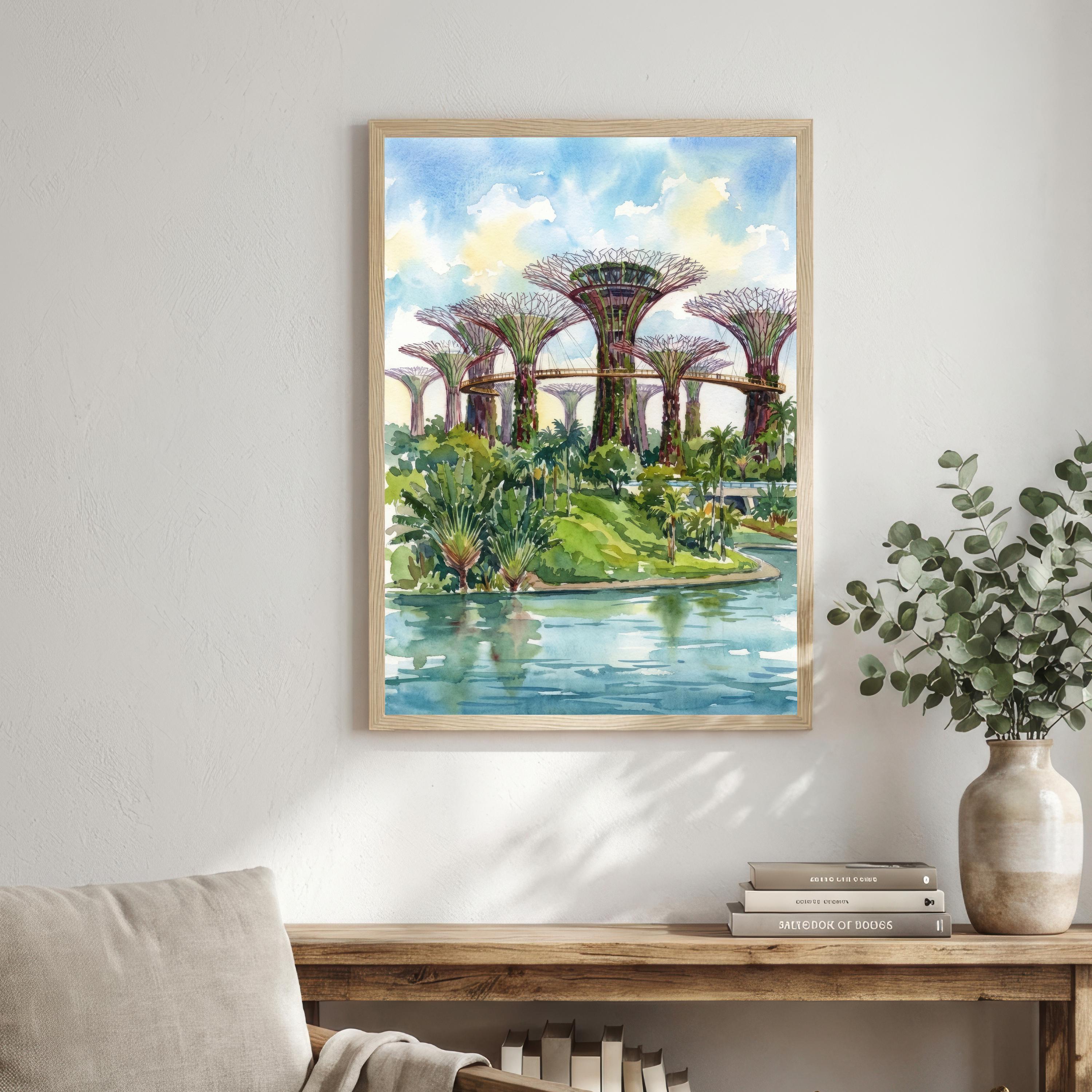 Supertree Grove Singapore Watercolor Painting Poster Wall Art Skyline Landscape Print Gift for Asia Travel Lovers and Fans of Modern