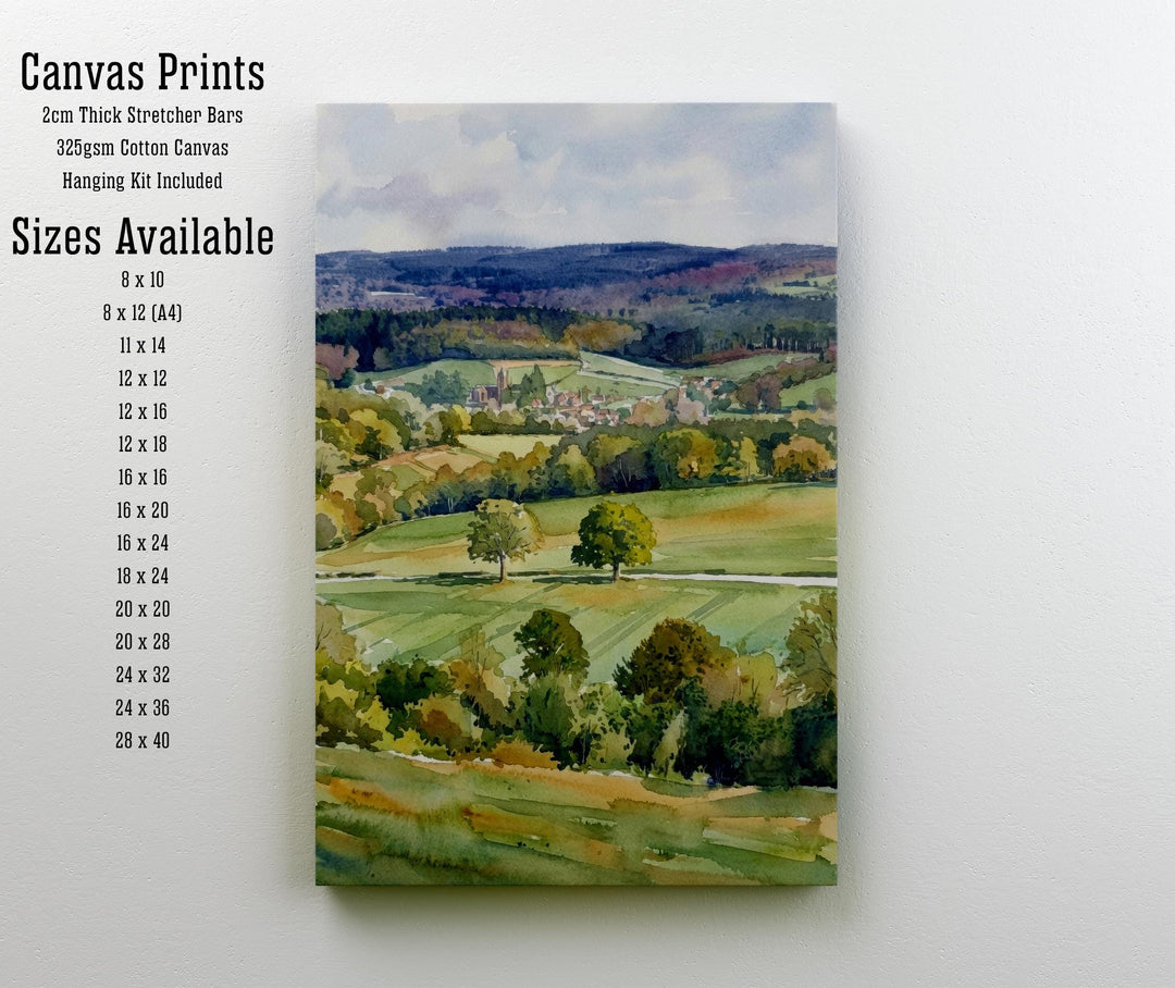 Surrey Hills Watercolour Painting Poster England Wall Art Countryside Landscape Print Gift for UK Travel Lovers and Fans of Scenic British