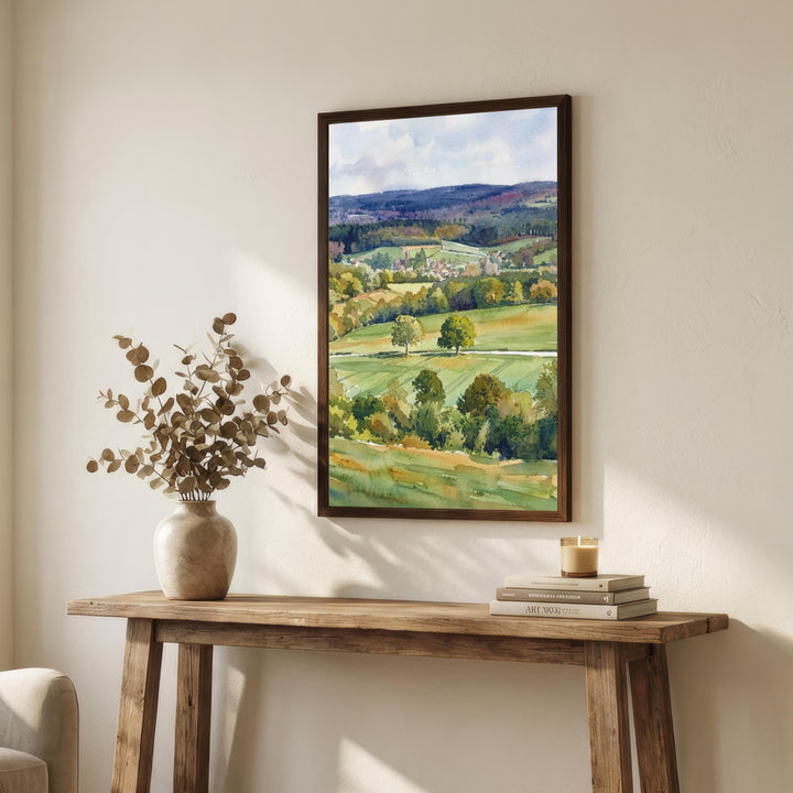Surrey Hills Watercolour Painting Poster England Wall Art Countryside Landscape Print Gift for UK Travel Lovers and Fans of Scenic British