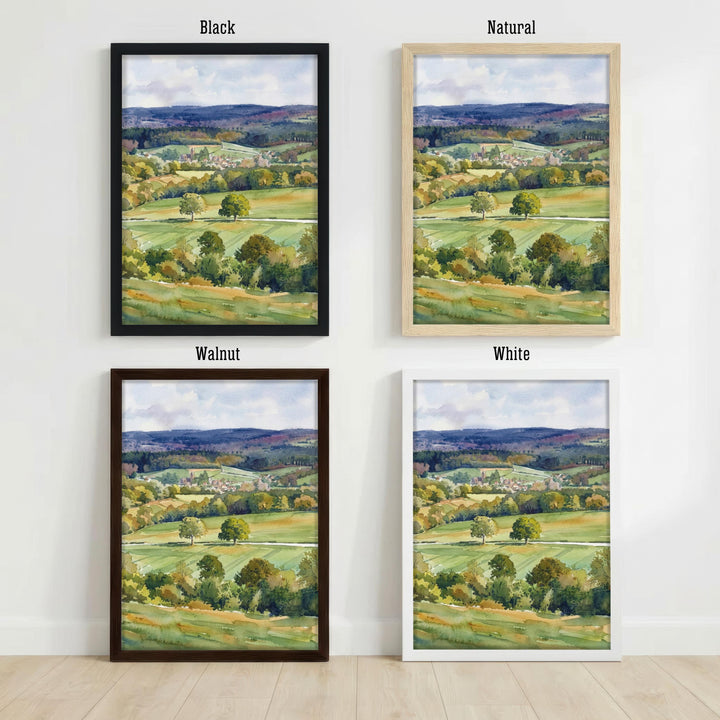Surrey Hills Watercolour Painting Poster England Wall Art Countryside Landscape Print Gift for UK Travel Lovers and Fans of Scenic British