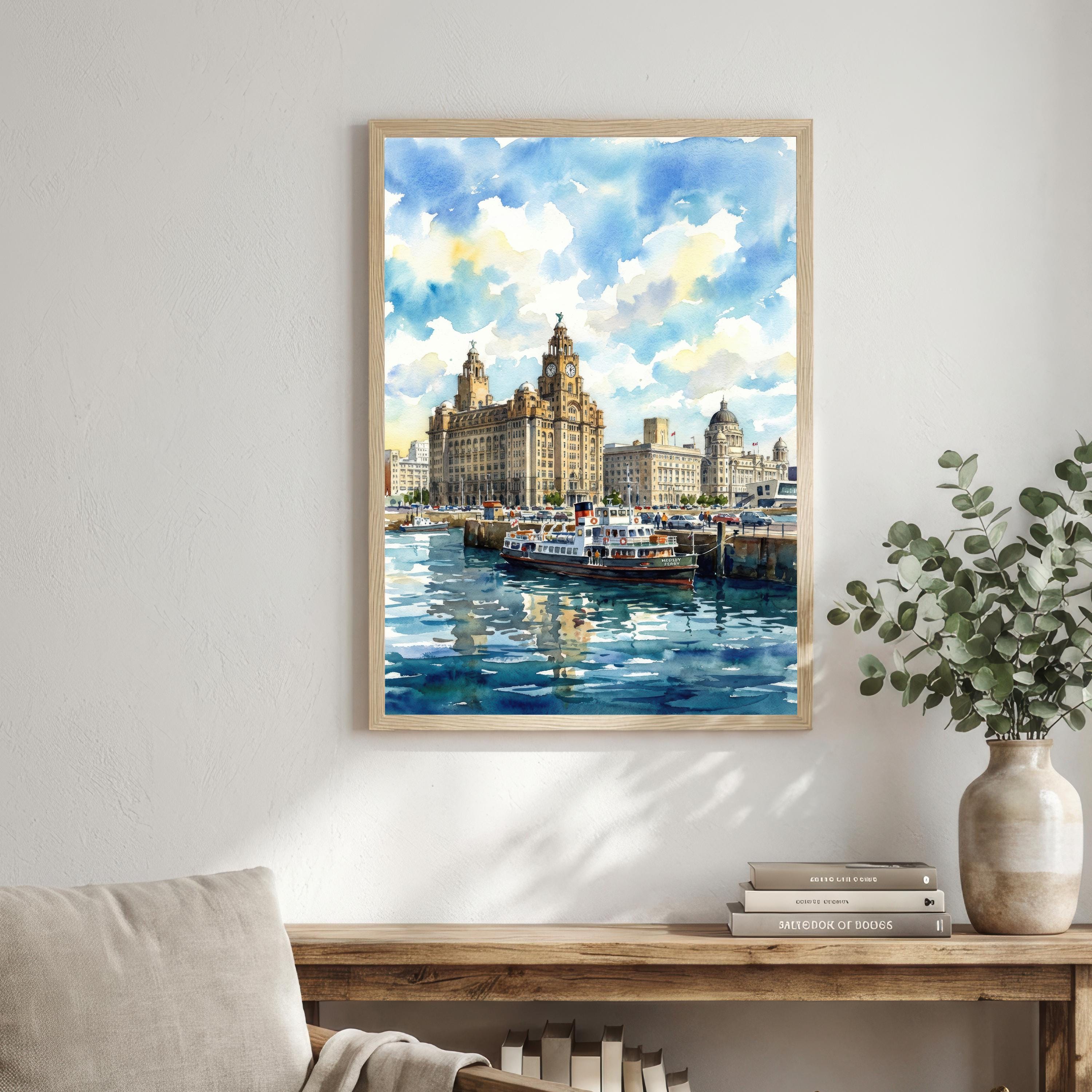 Liverpool Watercolour Painting Poster England Wall Art City Skyline Landscape Print Gift for UK Travel Lovers and Fans of Scenic British