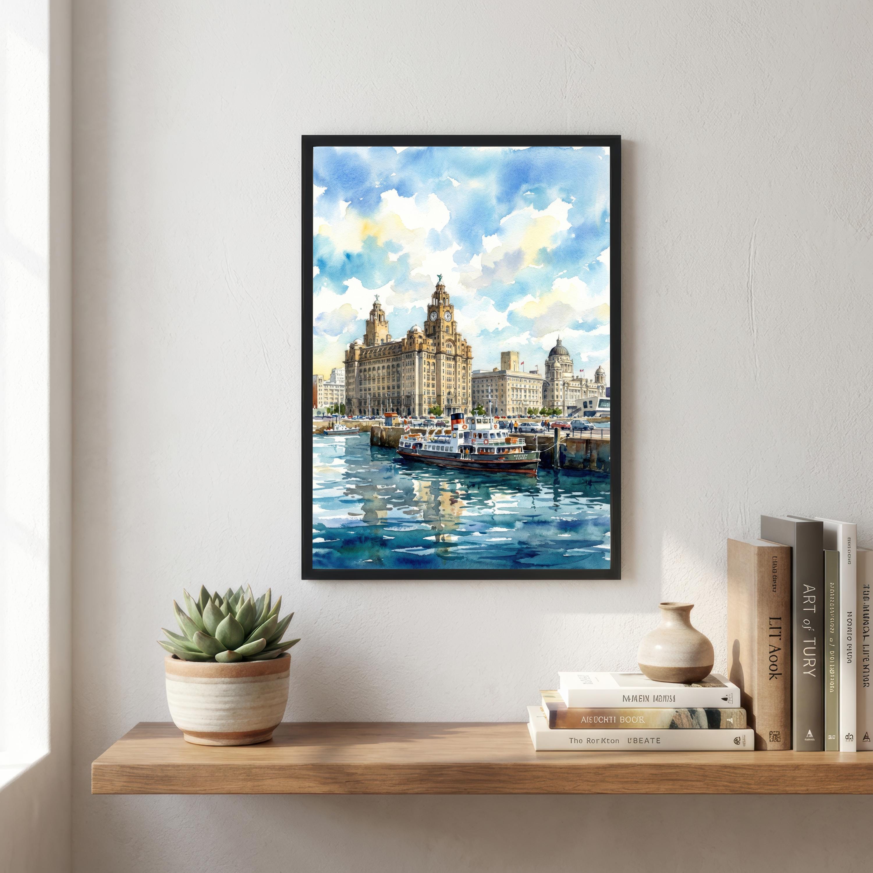 Liverpool Watercolour Painting Poster England Wall Art City Skyline Landscape Print Gift for UK Travel Lovers and Fans of Scenic British