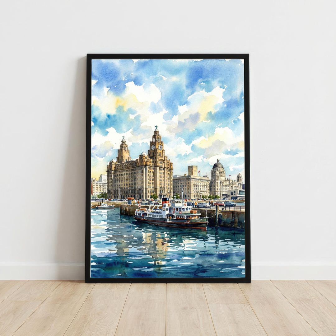 Liverpool Watercolour Painting Poster England Wall Art City Skyline Landscape Print Gift for UK Travel Lovers and Fans of Scenic British