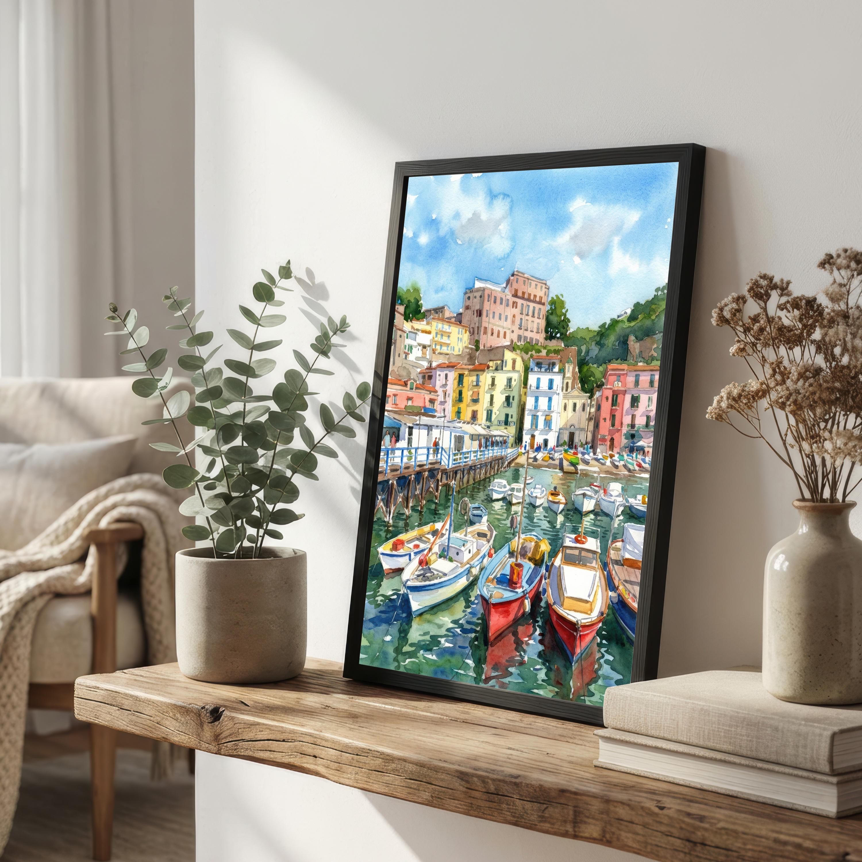 Sorrento Watercolour Painting Poster Italy Wall Art Coastal Landscape Print Gift for Europe Travel Lovers and Fans of Scenic Italian Seaside