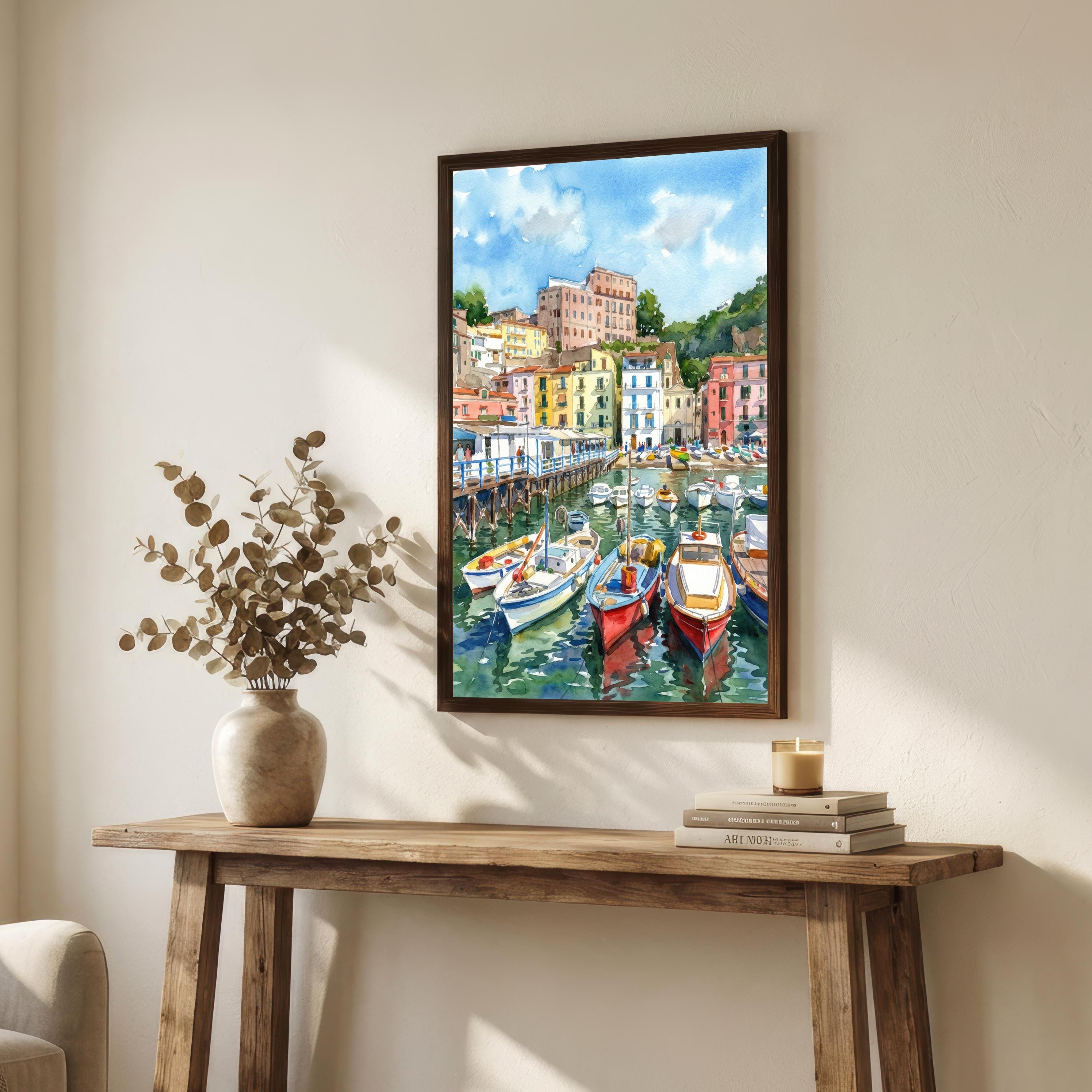 Sorrento Watercolour Painting Poster Italy Wall Art Coastal Landscape Print Gift for Europe Travel Lovers and Fans of Scenic Italian Seaside