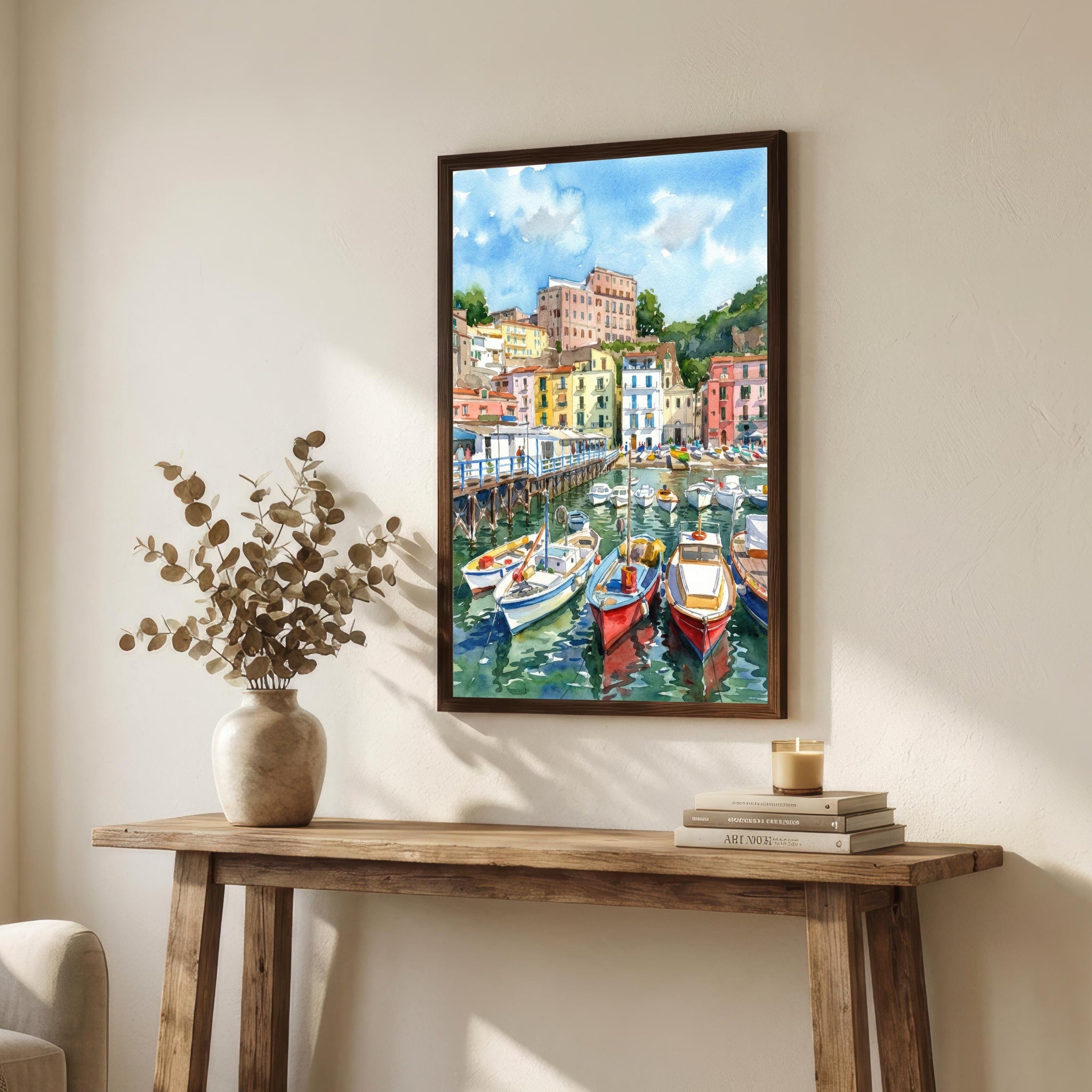 Sorrento Watercolour Painting Poster Italy Wall Art Coastal Landscape Print Gift for Europe Travel Lovers and Fans of Scenic Italian Seaside