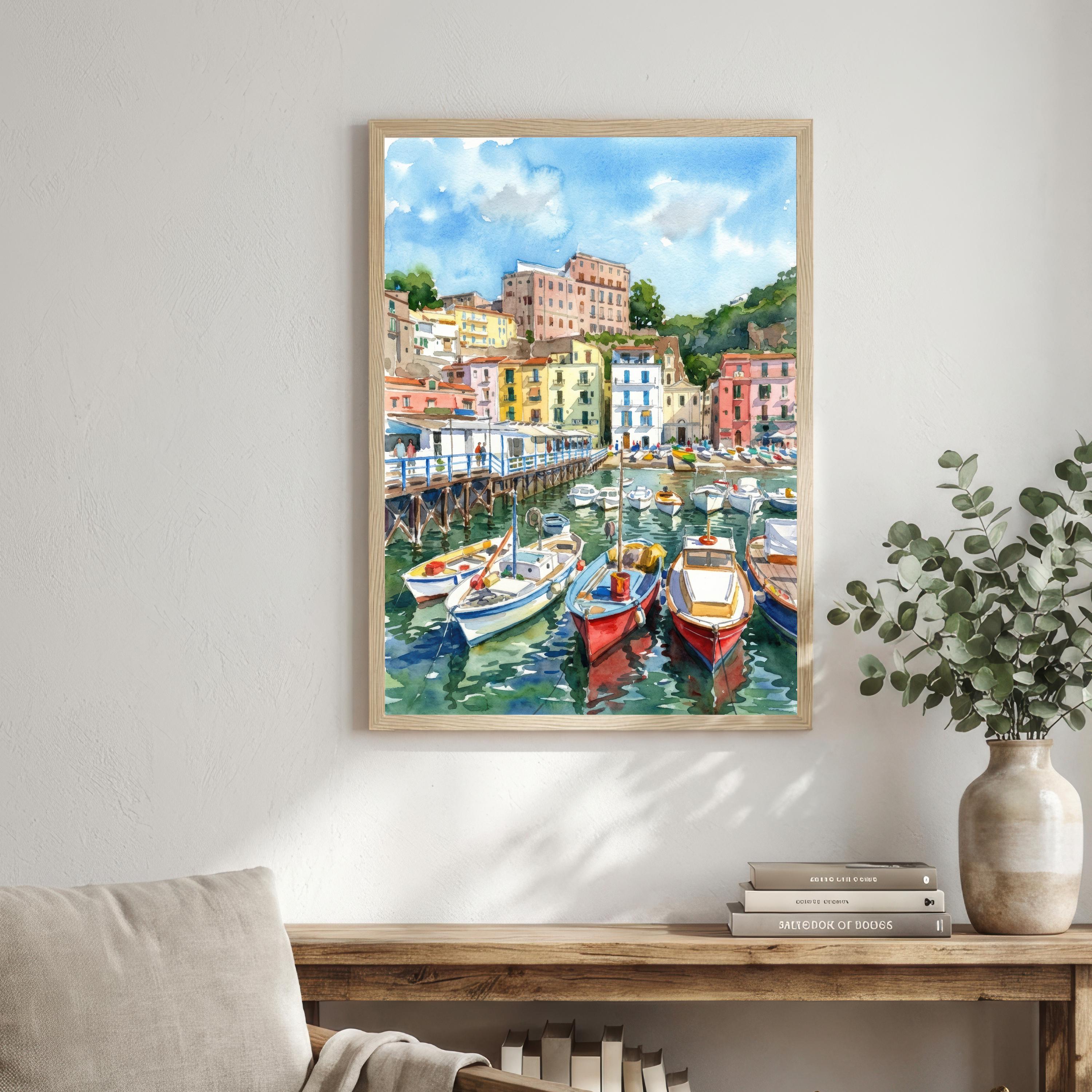 Sorrento Watercolour Painting Poster Italy Wall Art Coastal Landscape Print Gift for Europe Travel Lovers and Fans of Scenic Italian Seaside
