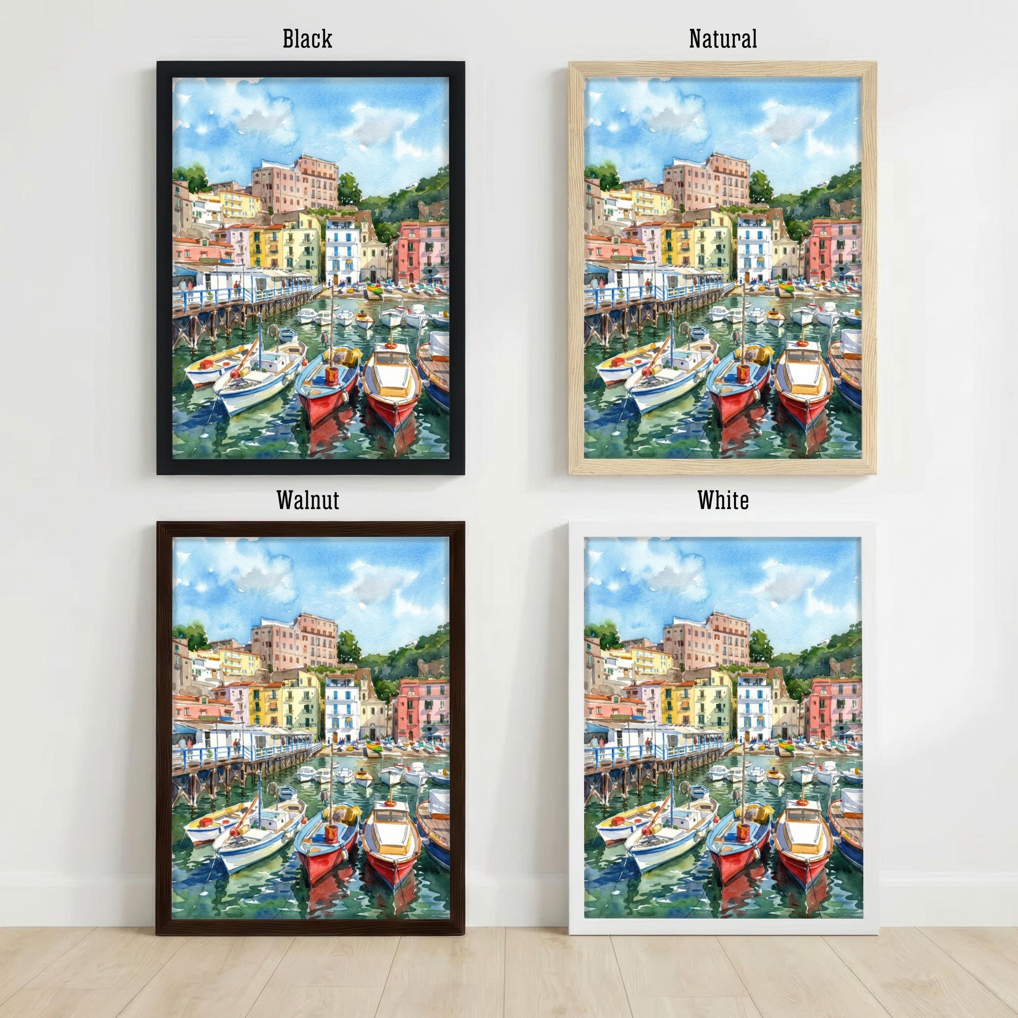 Sorrento Watercolour Painting Poster Italy Wall Art Coastal Landscape Print Gift for Europe Travel Lovers and Fans of Scenic Italian Seaside
