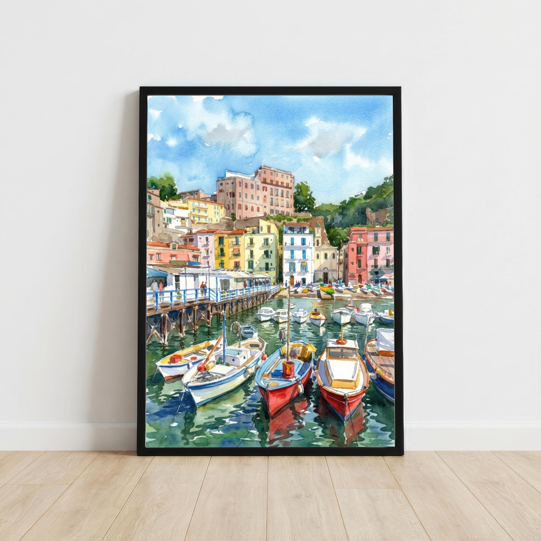 Sorrento Watercolour Painting Poster Italy Wall Art Coastal Landscape Print Gift for Europe Travel Lovers and Fans of Scenic Italian Seaside