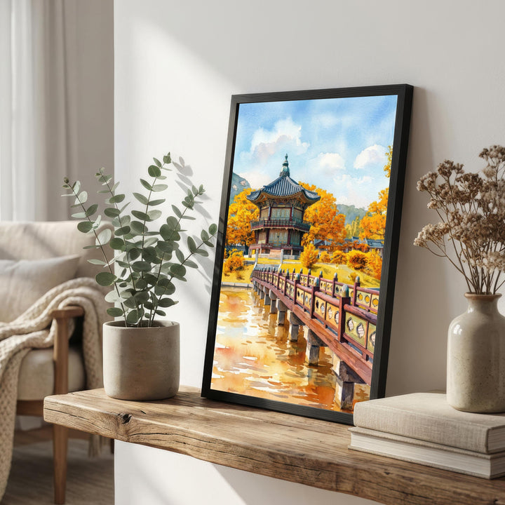 Seoul Watercolor Painting Poster South Korea Wall Art City Skyline Landscape Print Gift for Asia Travel Lovers and Fans of Scenic Modern