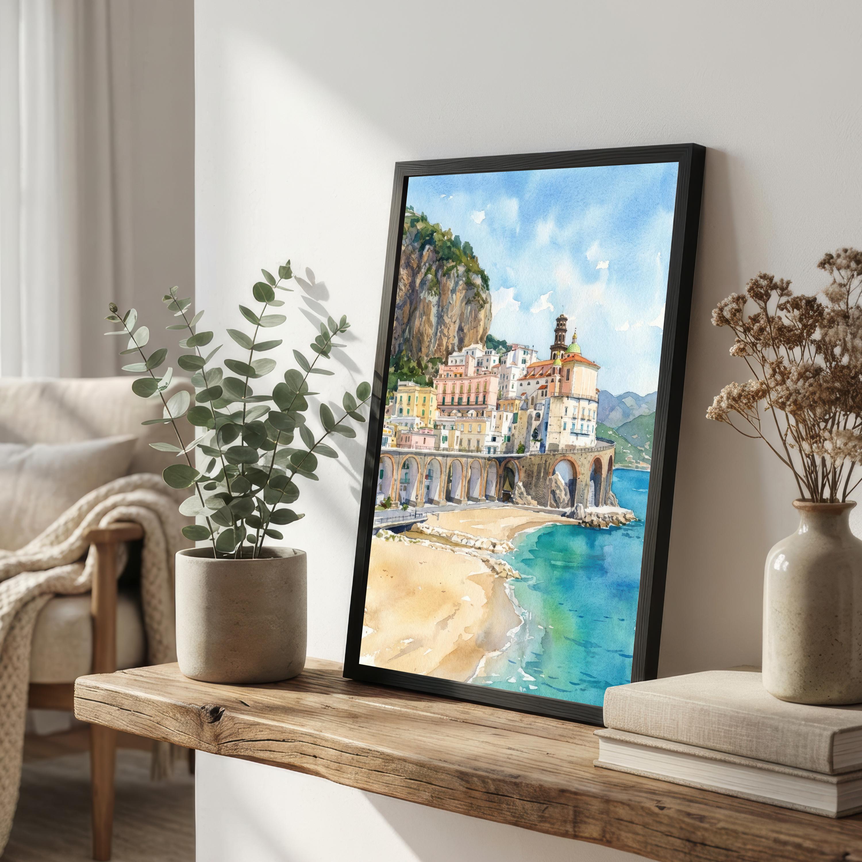 Sorrento Watercolor Painting Poster Italy Wall Art Coastal Landscape Print Gift for Europe Travel Lovers and Fans of Scenic Italian Seaside
