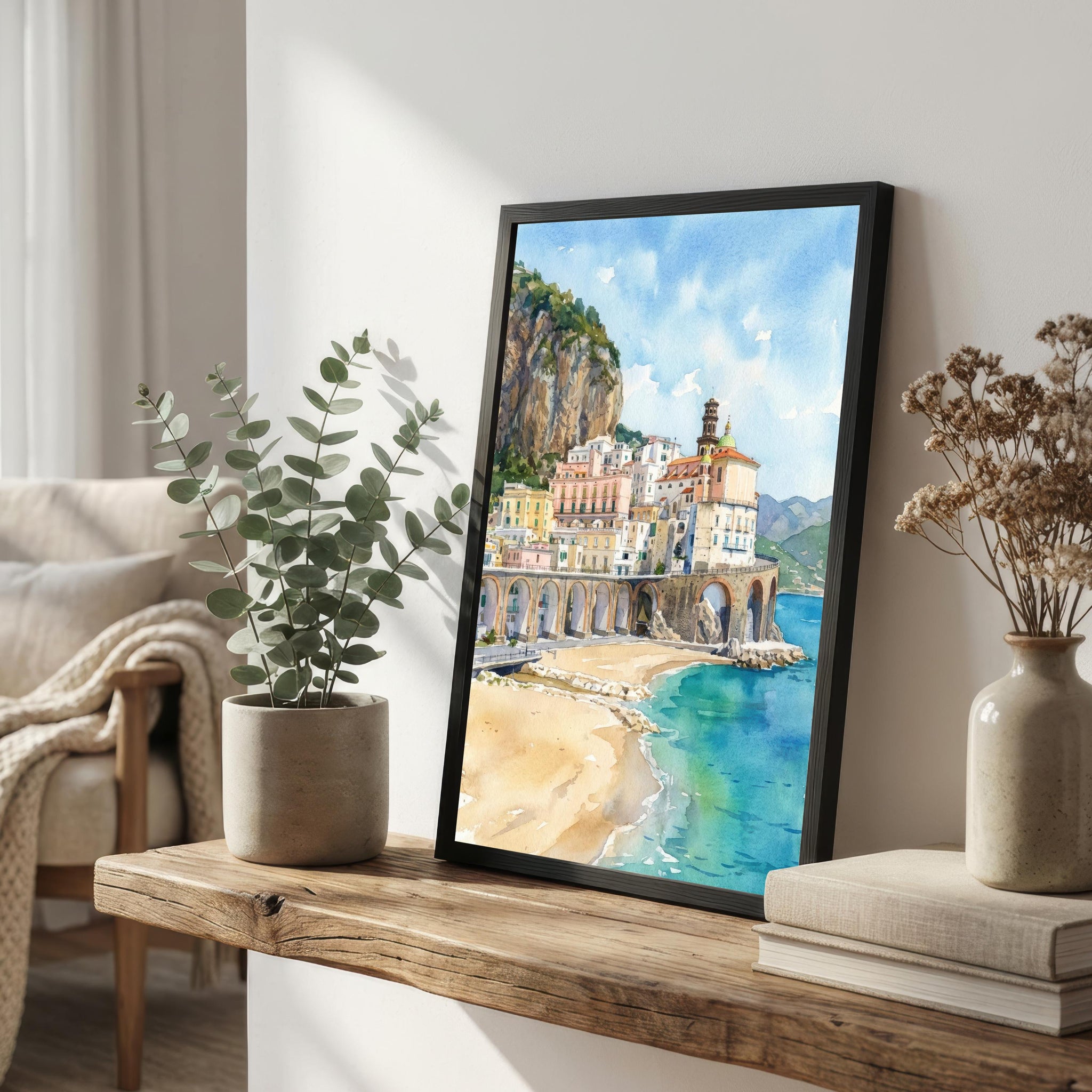 Sorrento Watercolor Painting Poster Italy Wall Art Coastal Landscape Print Gift for Europe Travel Lovers and Fans of Scenic Italian Seaside