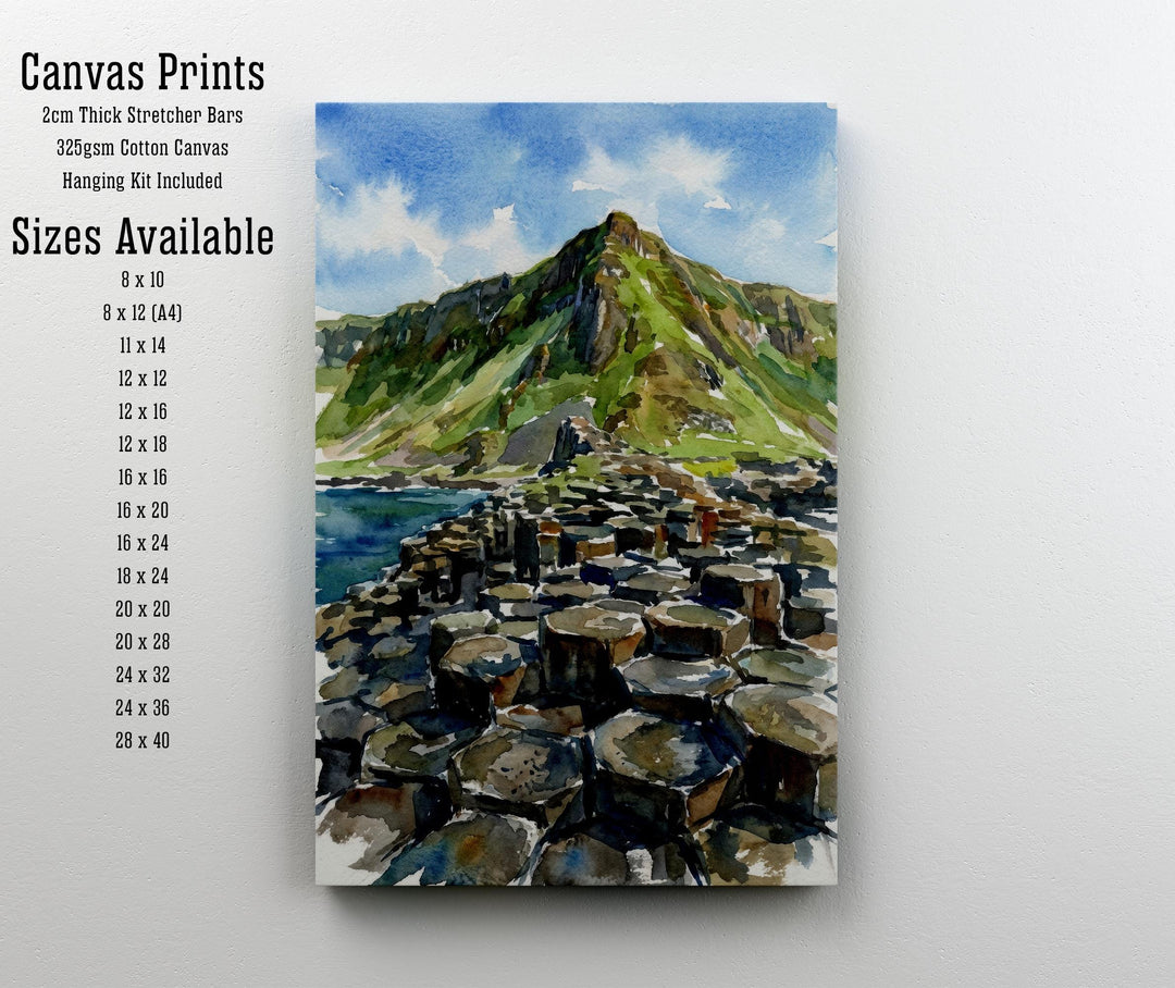 Giants Causeway Watercolour Painting Poster Northern Ireland Wall Art Coastal Landscape Print Gift for UK Travel Lovers and Fans of Scenic