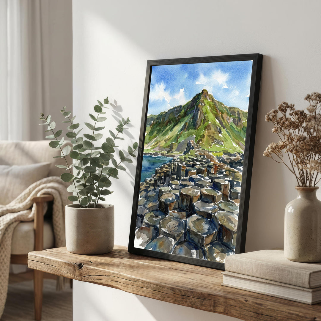 Giants Causeway Watercolour Painting Poster Northern Ireland Wall Art Coastal Landscape Print Gift for UK Travel Lovers and Fans of Scenic