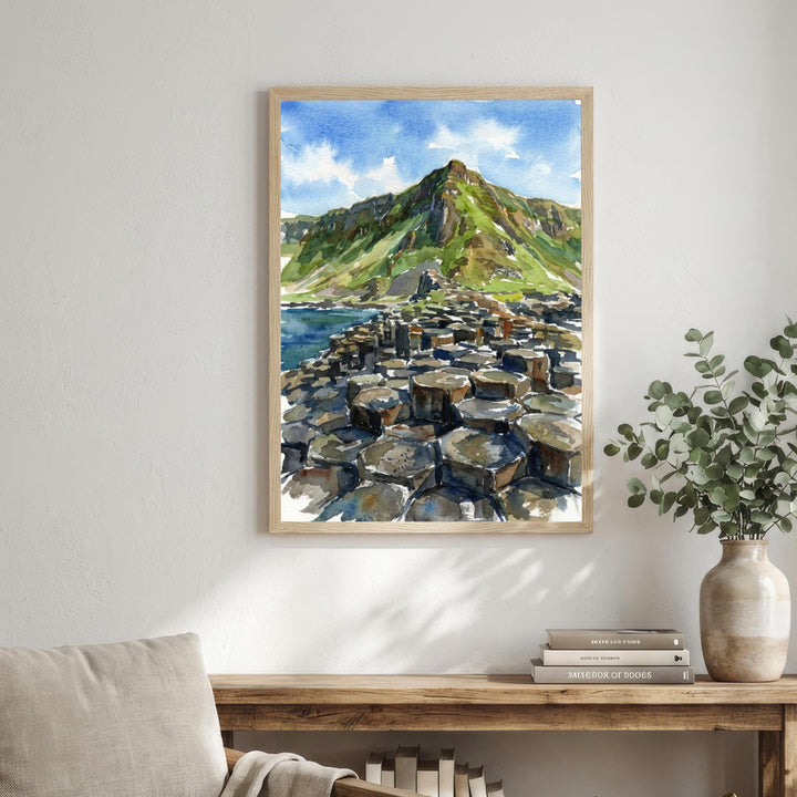 Giants Causeway Watercolour Painting Poster Northern Ireland Wall Art Coastal Landscape Print Gift for UK Travel Lovers and Fans of Scenic