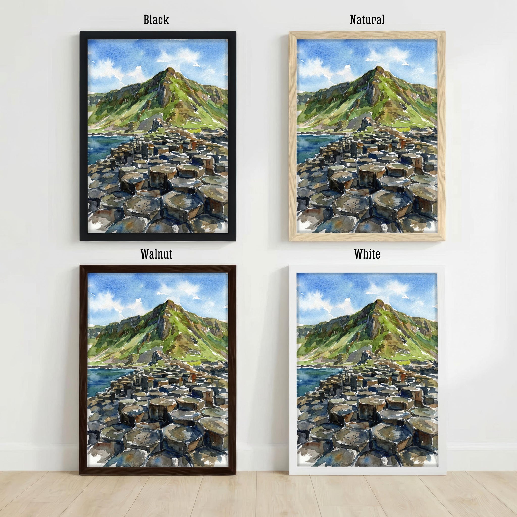Giants Causeway Watercolor Painting, Northern Ireland Coastal Art Print