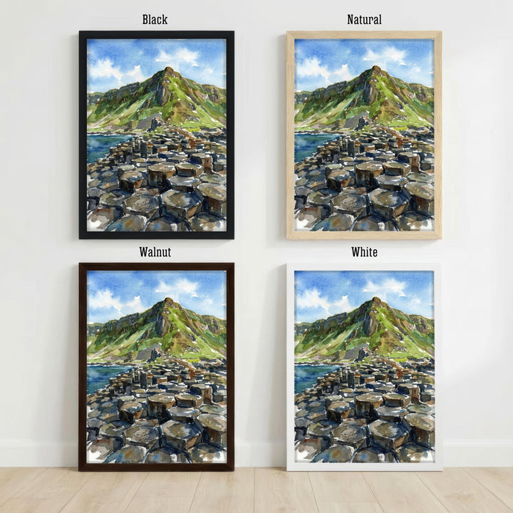 Giants Causeway Watercolour Painting Poster Northern Ireland Wall Art Coastal Landscape Print Gift for UK Travel Lovers and Fans of Scenic