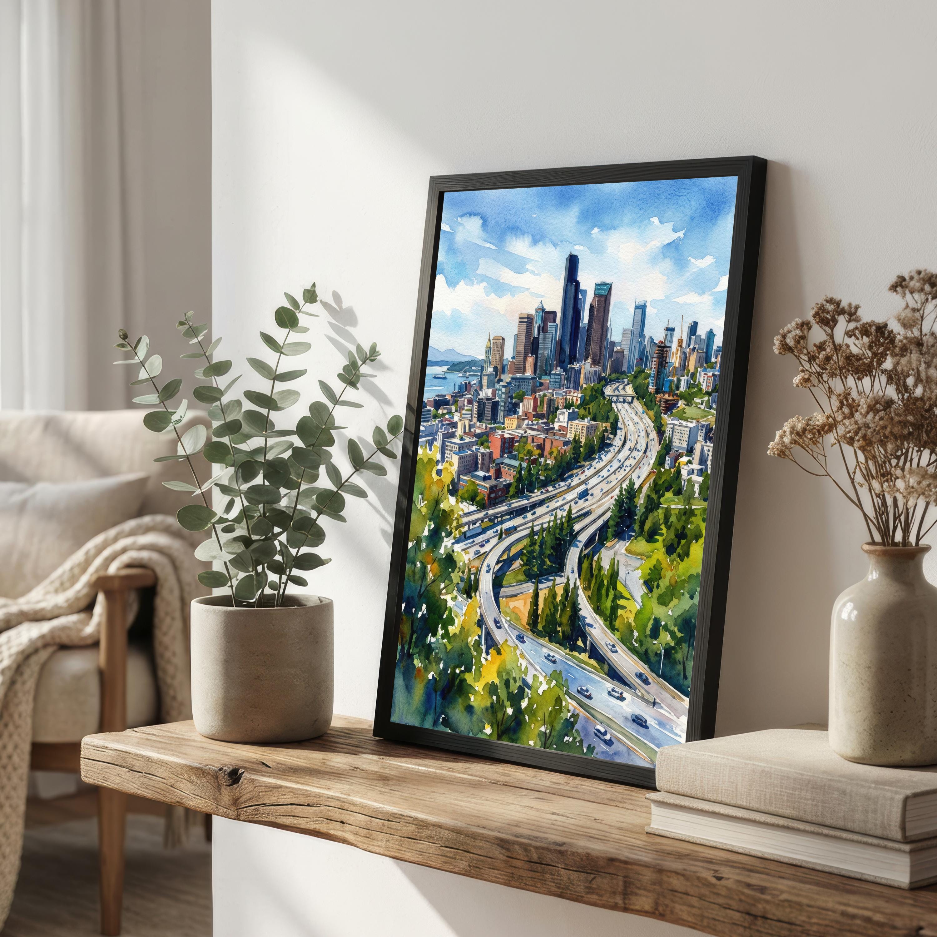 Seattle Watercolor Painting Poster USA Wall Art City Skyline Landscape Print Gift for American Travel Lovers and Fans of Scenic Pacific