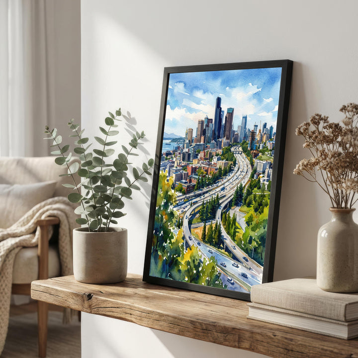 Seattle Watercolor Painting Poster USA Wall Art City Skyline Landscape Print Gift for American Travel Lovers and Fans of Scenic Pacific