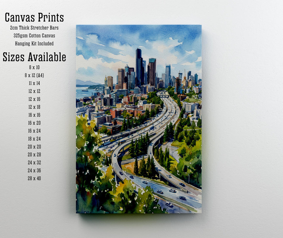Seattle Watercolor Painting Poster USA Wall Art City Skyline Landscape Print Gift for American Travel Lovers and Fans of Scenic Pacific