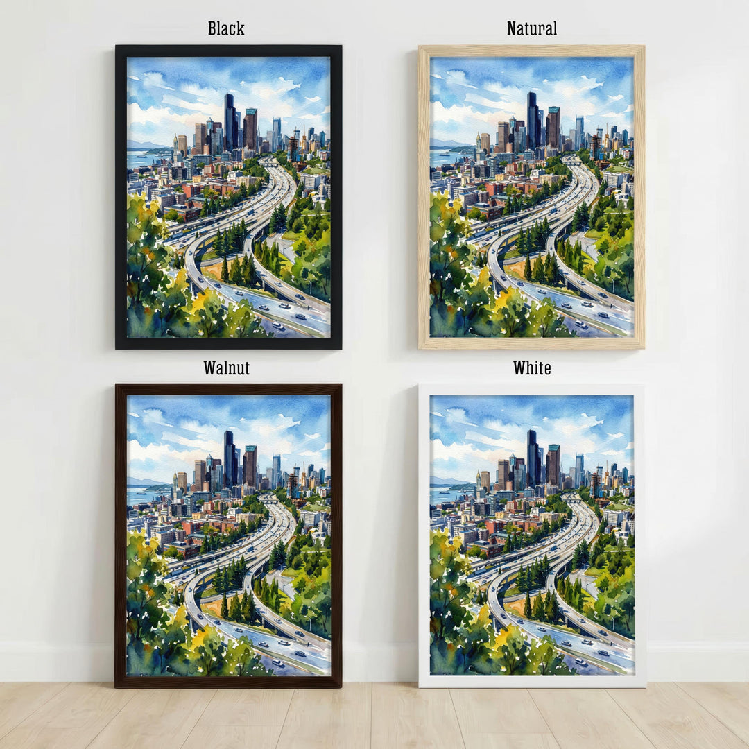 Seattle Watercolor Painting Poster USA Wall Art City Skyline Landscape Print Gift for American Travel Lovers and Fans of Scenic Pacific