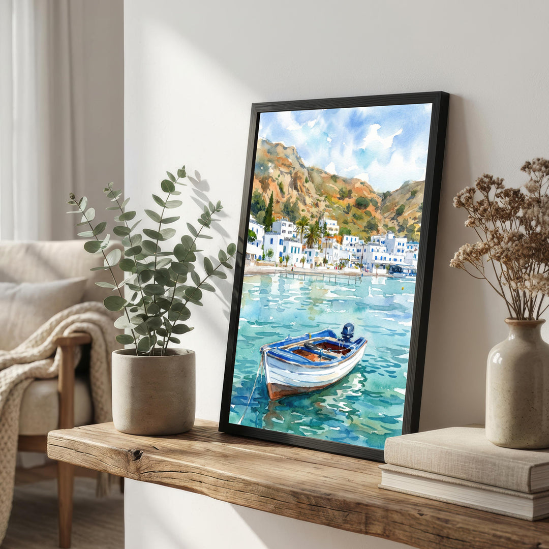 Crete Watercolour Painting Poster Greece Wall Art Coastal Landscape Print Gift for Europe Travel Lovers and Fans of Scenic Mediterranean