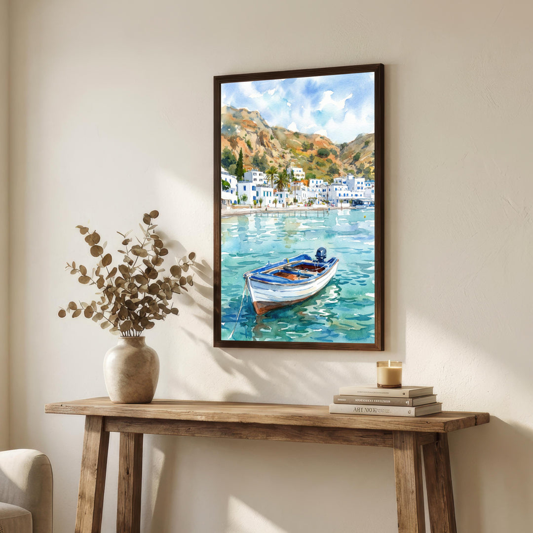 Crete Watercolour Painting Poster Greece Wall Art Coastal Landscape Print Gift for Europe Travel Lovers and Fans of Scenic Mediterranean