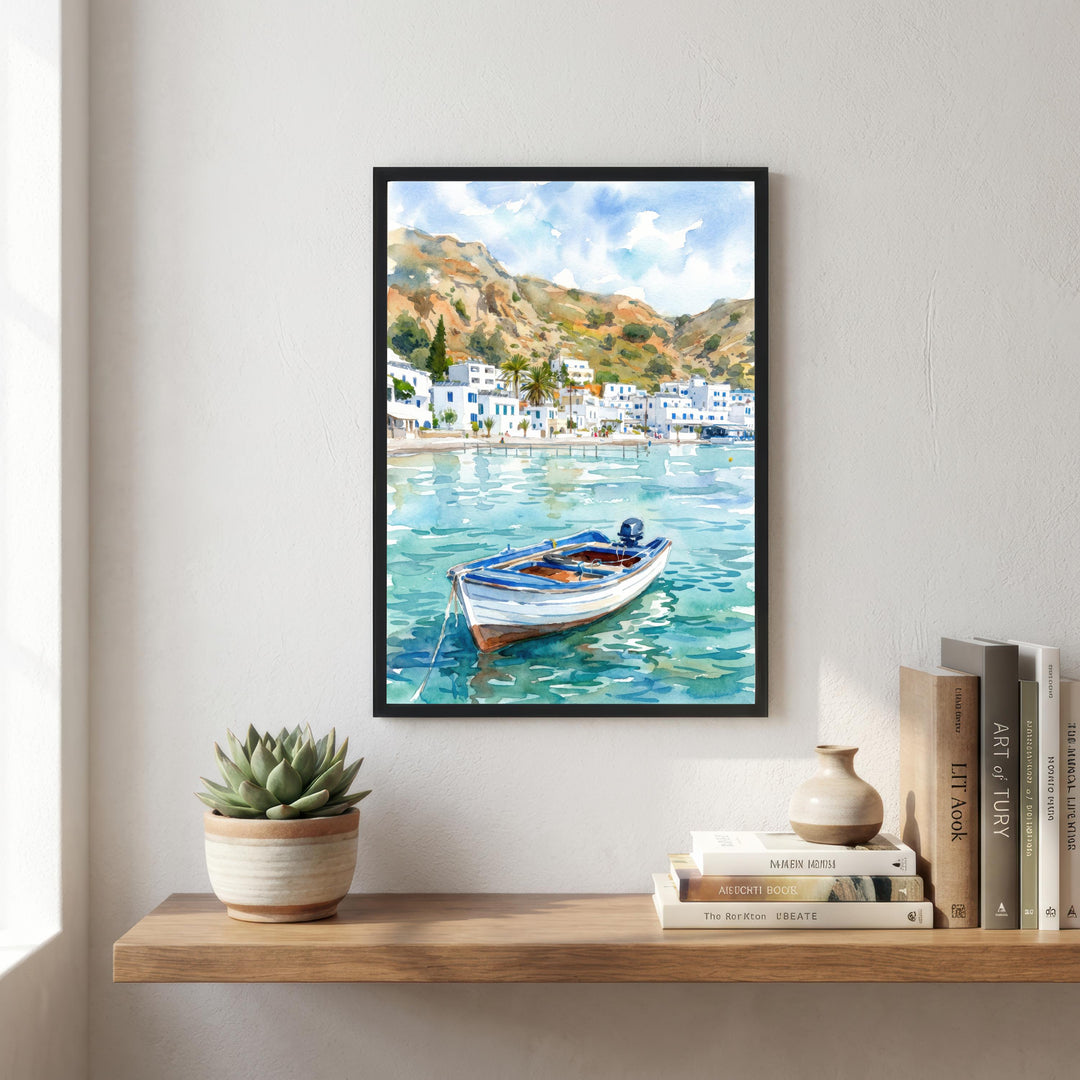 Crete Watercolour Painting Poster Greece Wall Art Coastal Landscape Print Gift for Europe Travel Lovers and Fans of Scenic Mediterranean