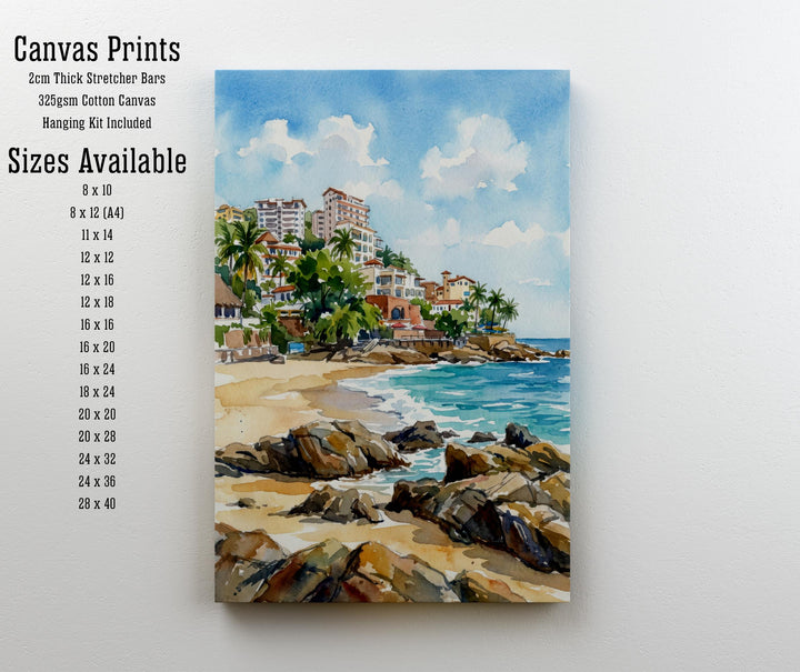 Puerto Vallarta Watercolor Painting Poster Mexico Wall Art Coastal Landscape Print Gift for American Travel Lovers and Fans of Scenic