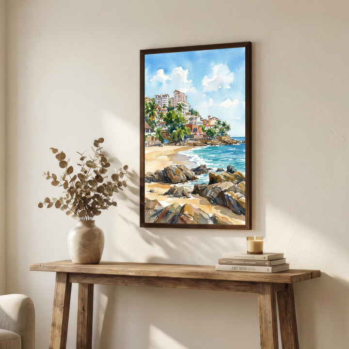Puerto Vallarta Watercolor Painting Poster Mexico Wall Art Coastal Landscape Print Gift for American Travel Lovers and Fans of Scenic