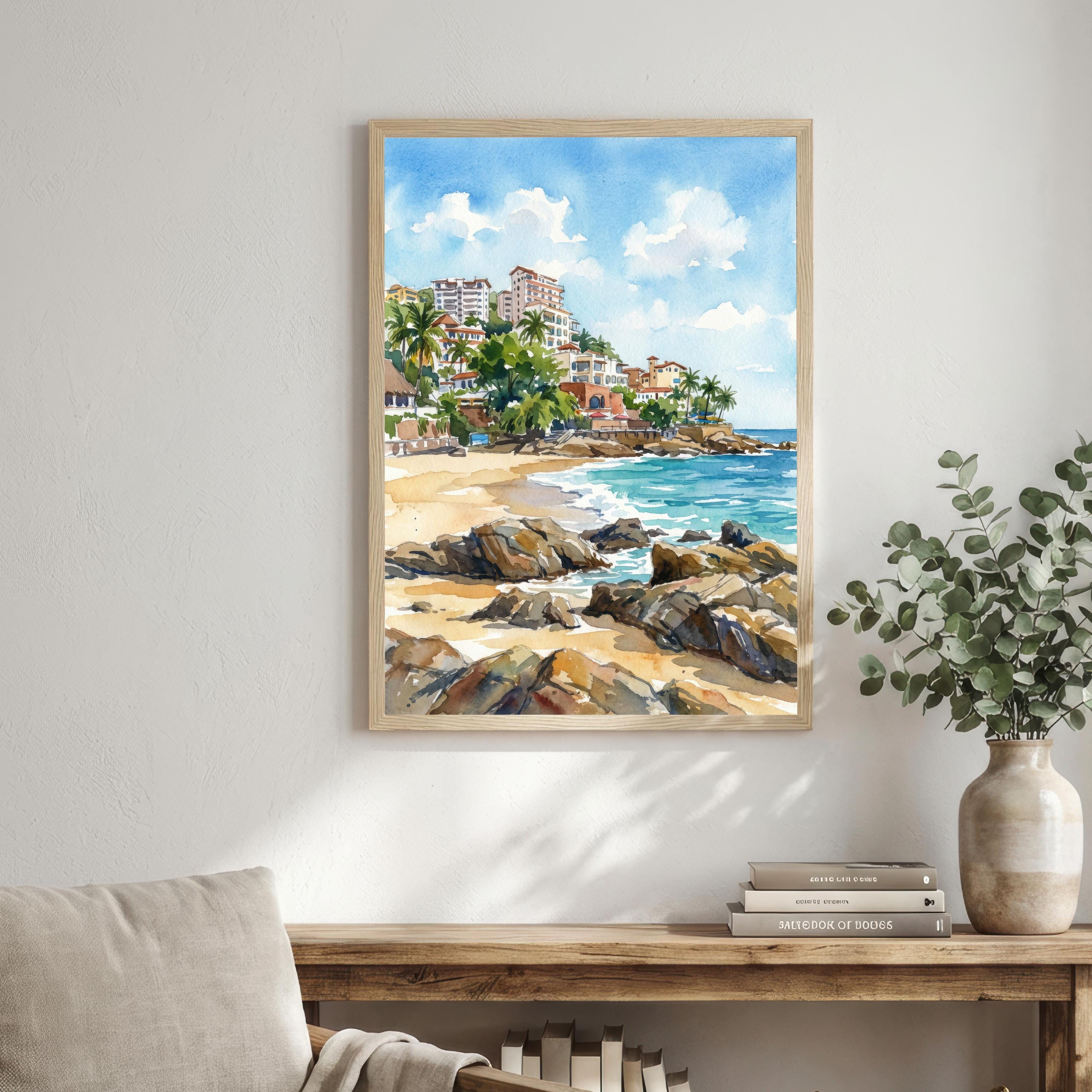 Puerto Vallarta Watercolor Painting Poster Mexico Wall Art Coastal Landscape Print Gift for American Travel Lovers and Fans of Scenic