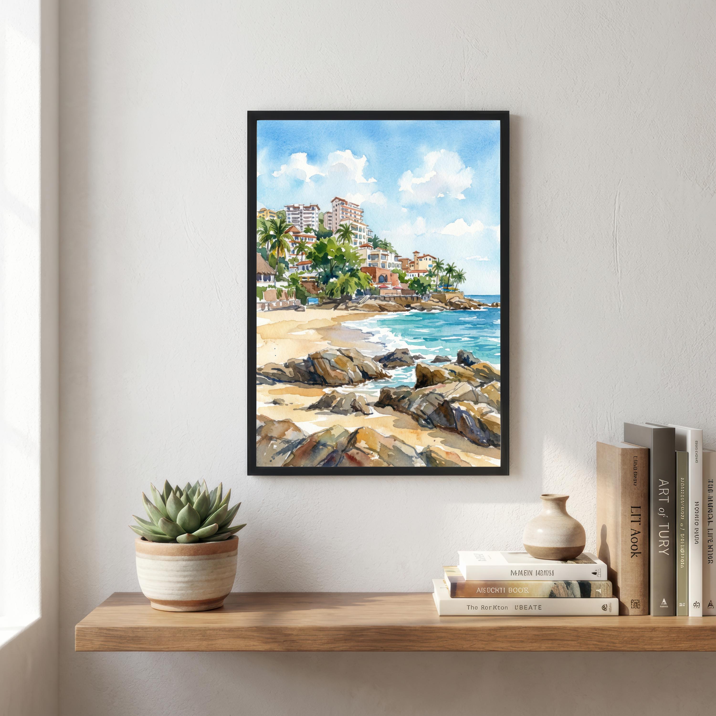 Puerto Vallarta Watercolor Painting Poster Mexico Wall Art Coastal Landscape Print Gift for American Travel Lovers and Fans of Scenic
