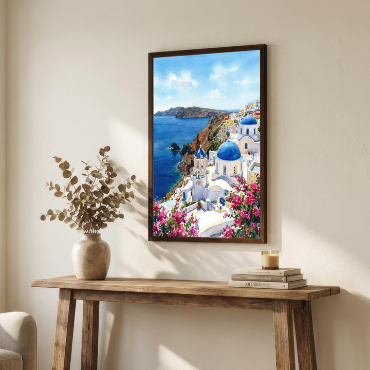 Santorini Watercolour Painting Poster Greece Wall Art Coastal Landscape Print Gift for Europe Travel Lovers and Fans of Scenic Mediterranean