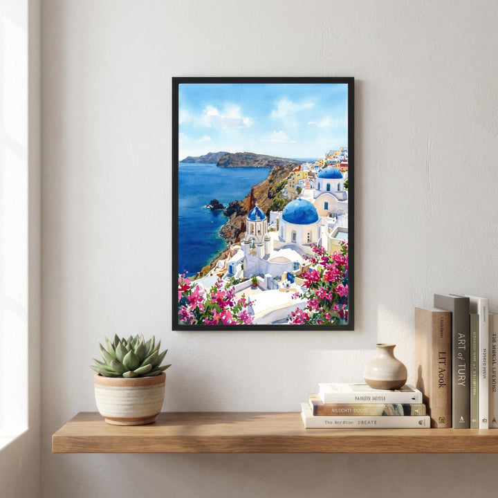Santorini Watercolour Painting Poster Greece Wall Art Coastal Landscape Print Gift for Europe Travel Lovers and Fans of Scenic Mediterranean