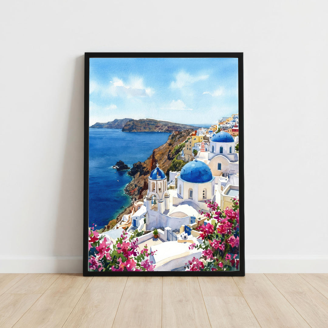 Santorini Watercolour Painting Poster Greece Wall Art Coastal Landscape Print Gift for Europe Travel Lovers and Fans of Scenic Mediterranean